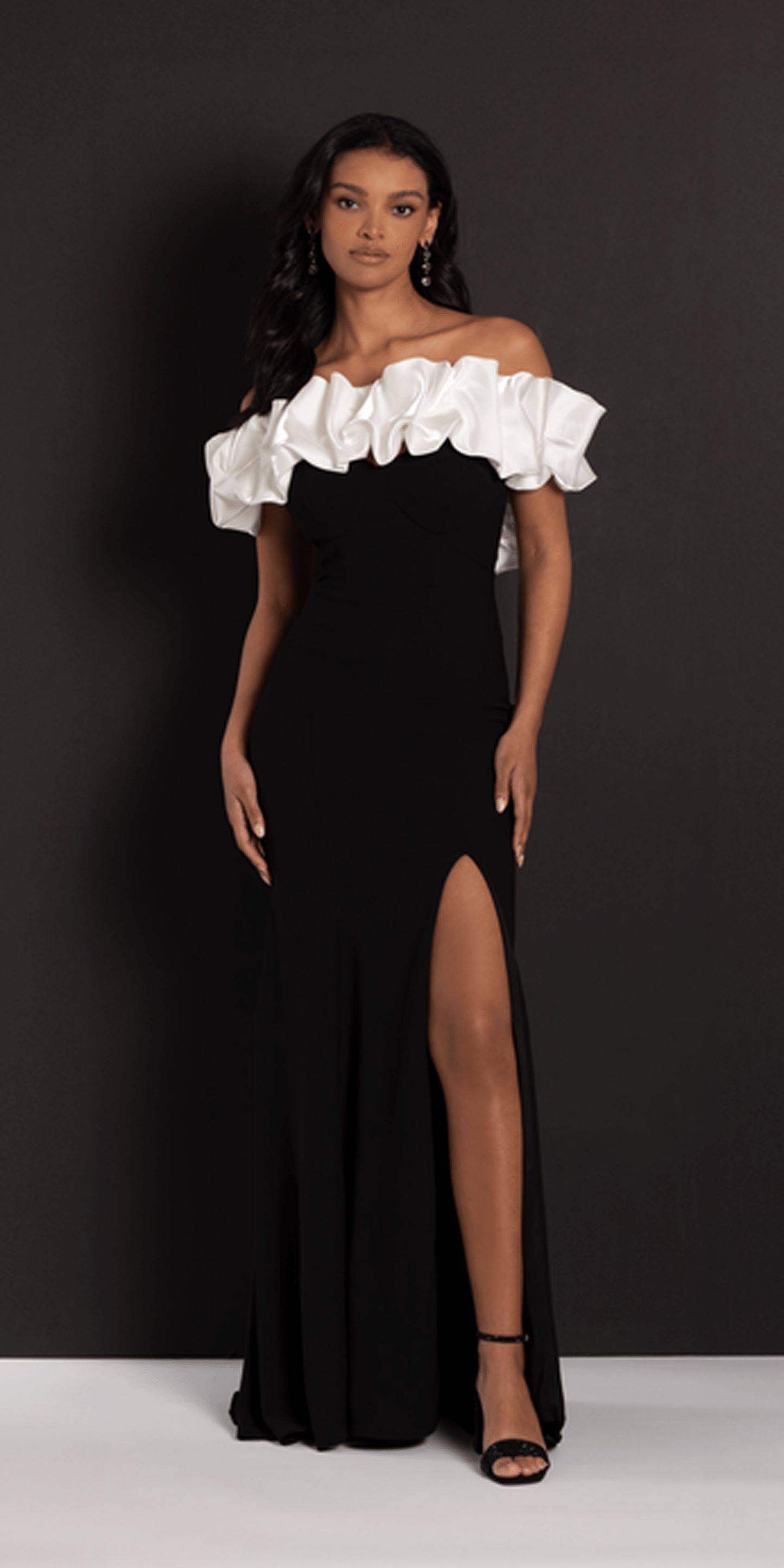 Camille La Vie/ Two Tone Ruffle Off the Shoulder Crepe Trumpet Dress/black-ivory/size 4/missy/alt