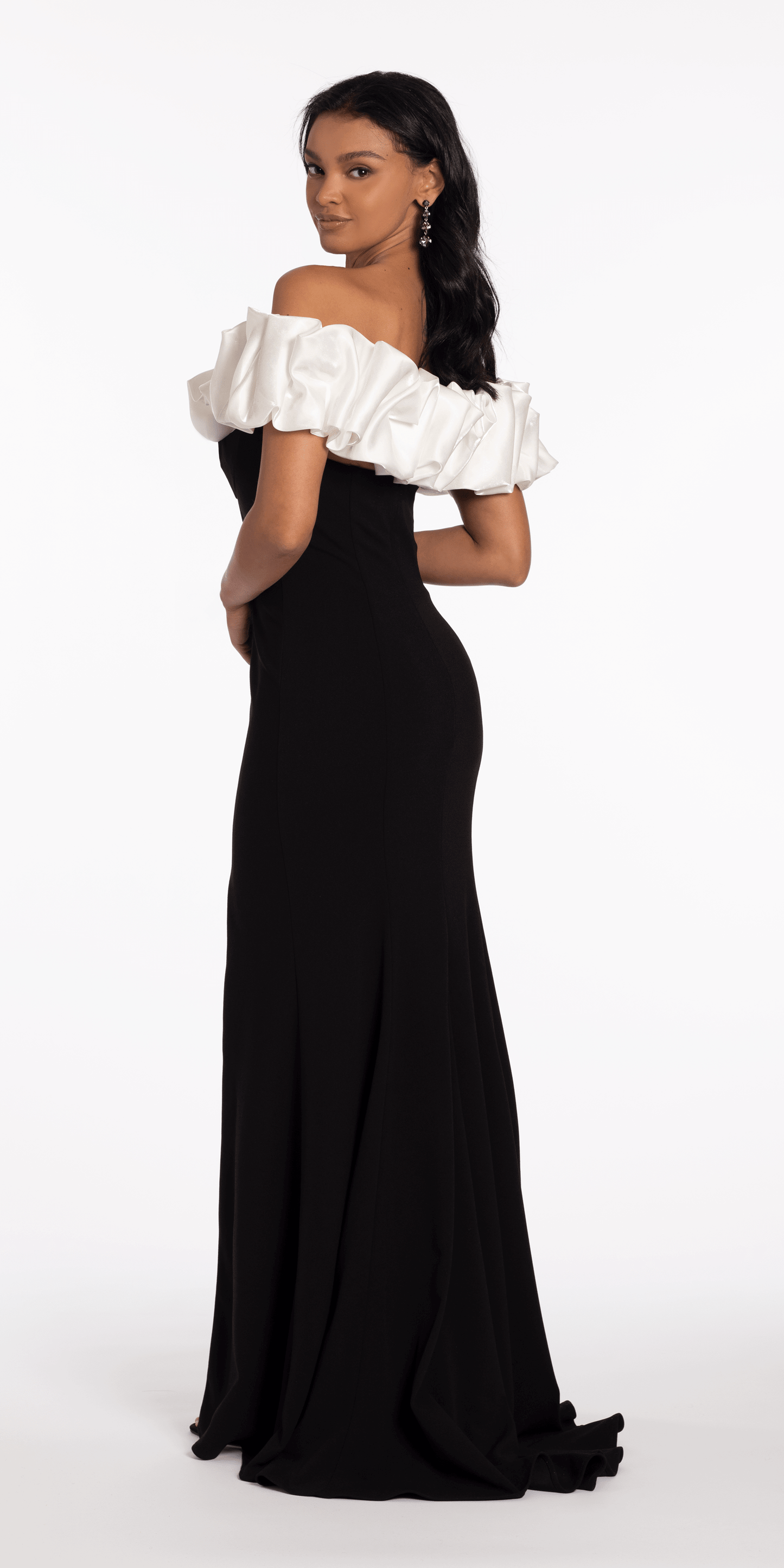 ivory-black/size/2/missy/Camille La Vie/Two Tone Ruffle Off the Shoulder Crepe Trumpet Dress/back