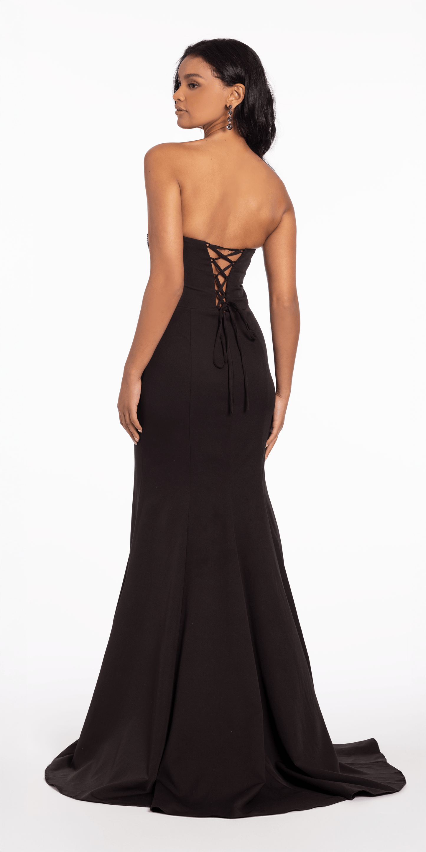 Camille La Vie/ Lace Up Back Strapless Scuba Trumpet Dress with Rhinestone Detail/black/size 4/missy/back1