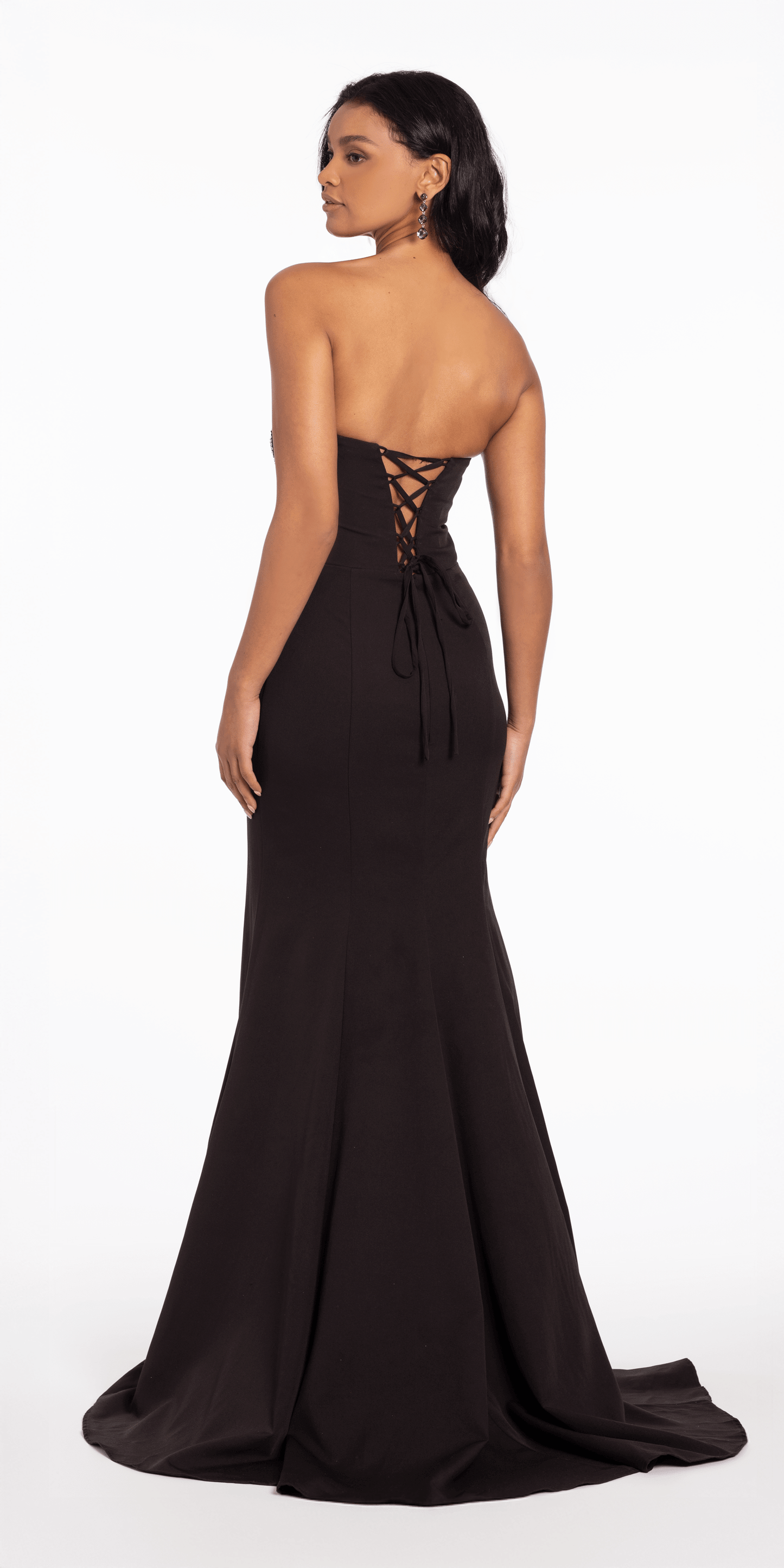 black/size/00/missy/Camille La Vie/Lace Up Back Strapless Scuba Trumpet Dress with Rhinestone Detail/0ack