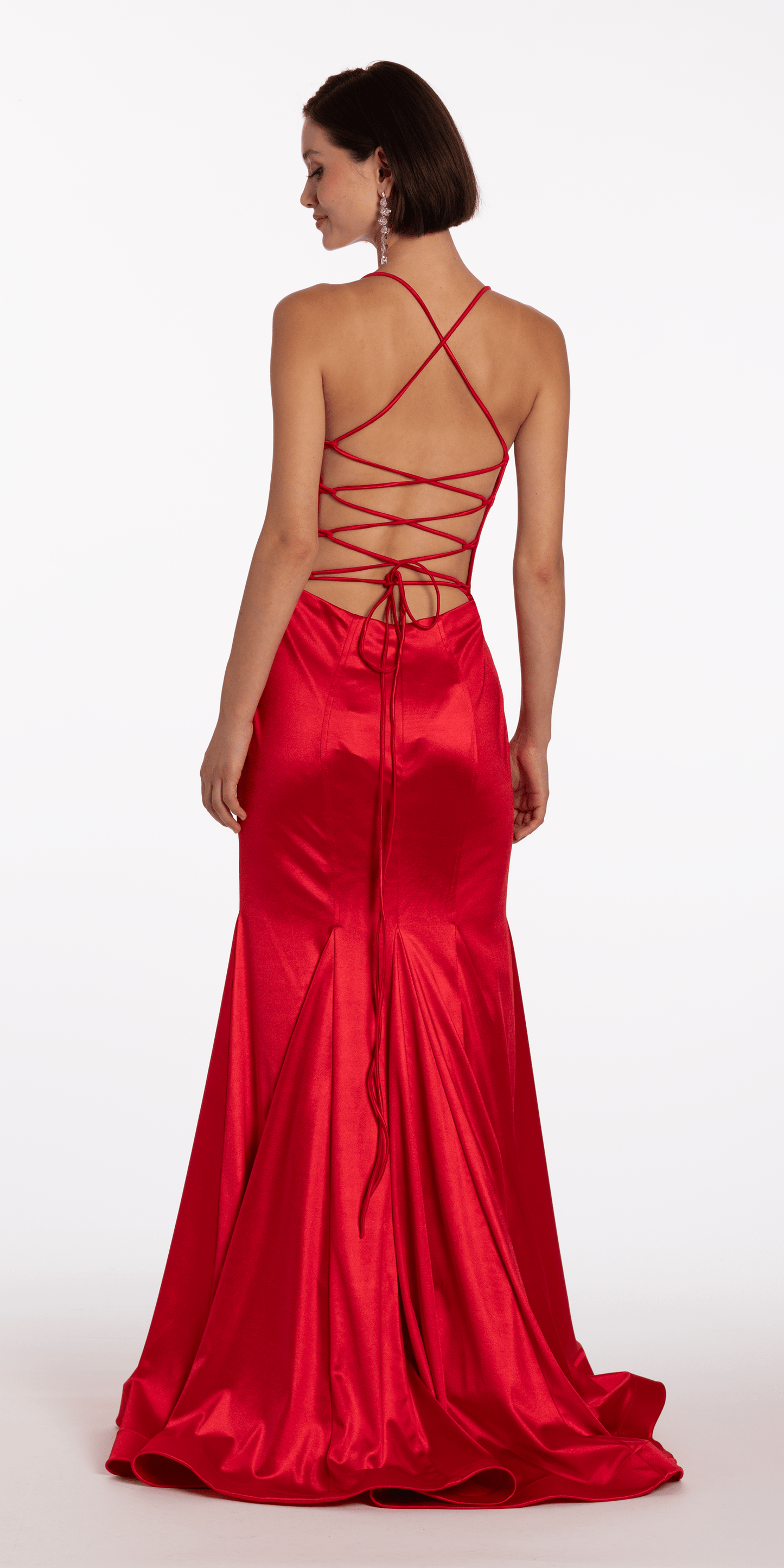 Camille La Vie /Strappy Back Satin Trumpet Dress Halter Column Dress/missy/ size /2/red/back