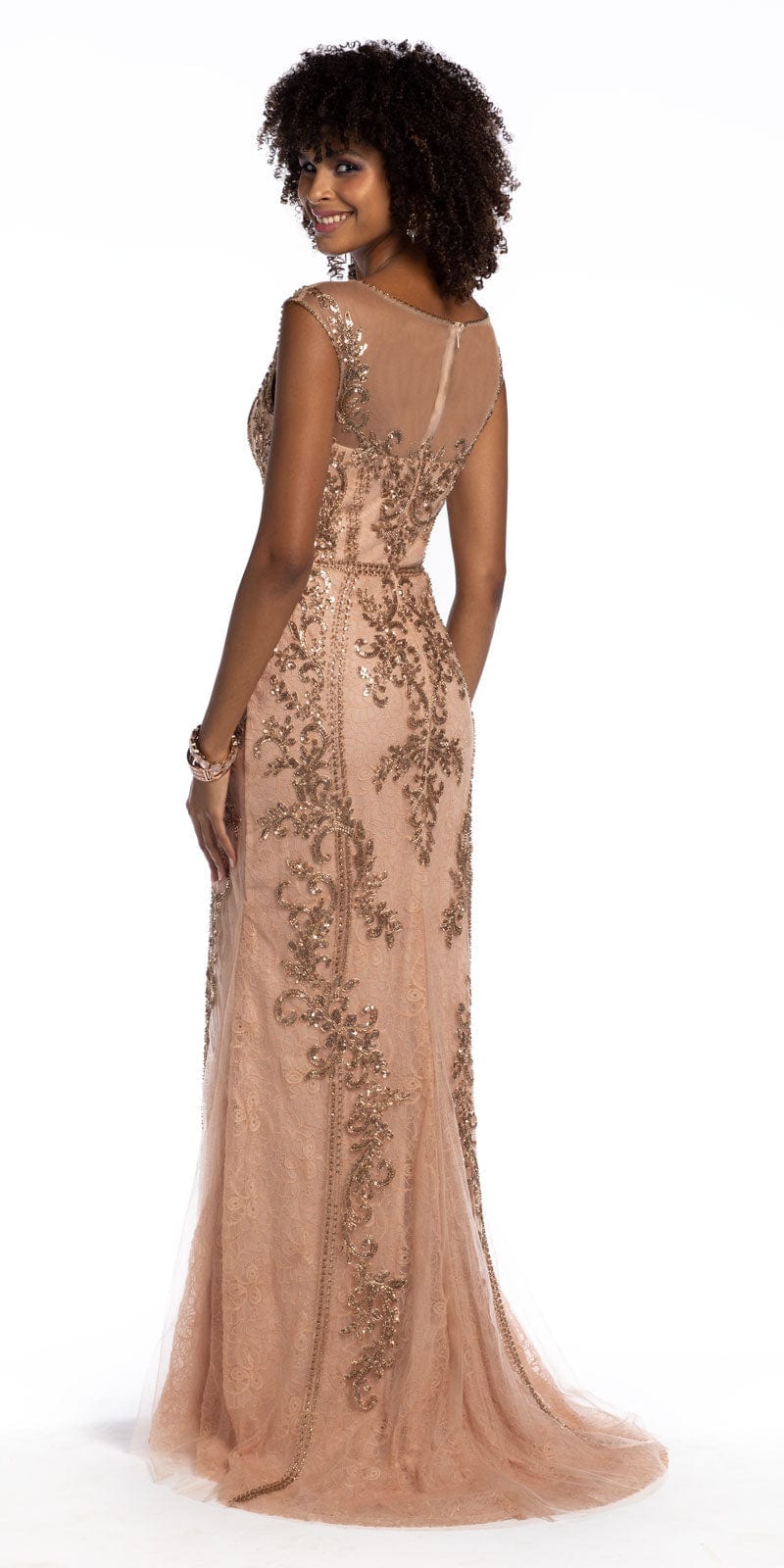 Camille La Vie/ Lace Cap Sleeve Beaded Sheath Dress /missy /size /6 /rose gold /back