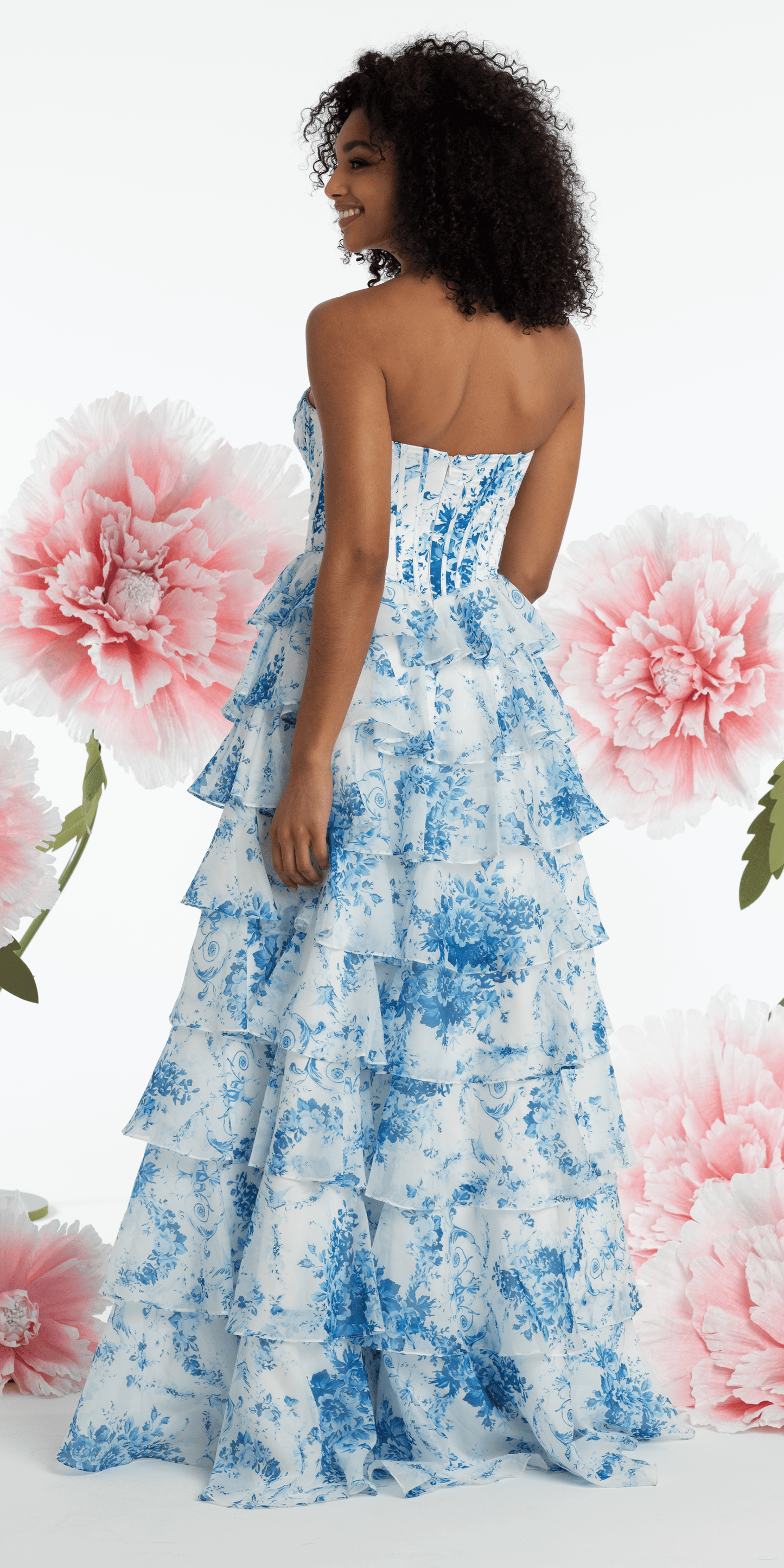 white/blue/size/4/missy/Camille La Vie /Chiffon Floral Print Corset Tiered Ballgown/back 1