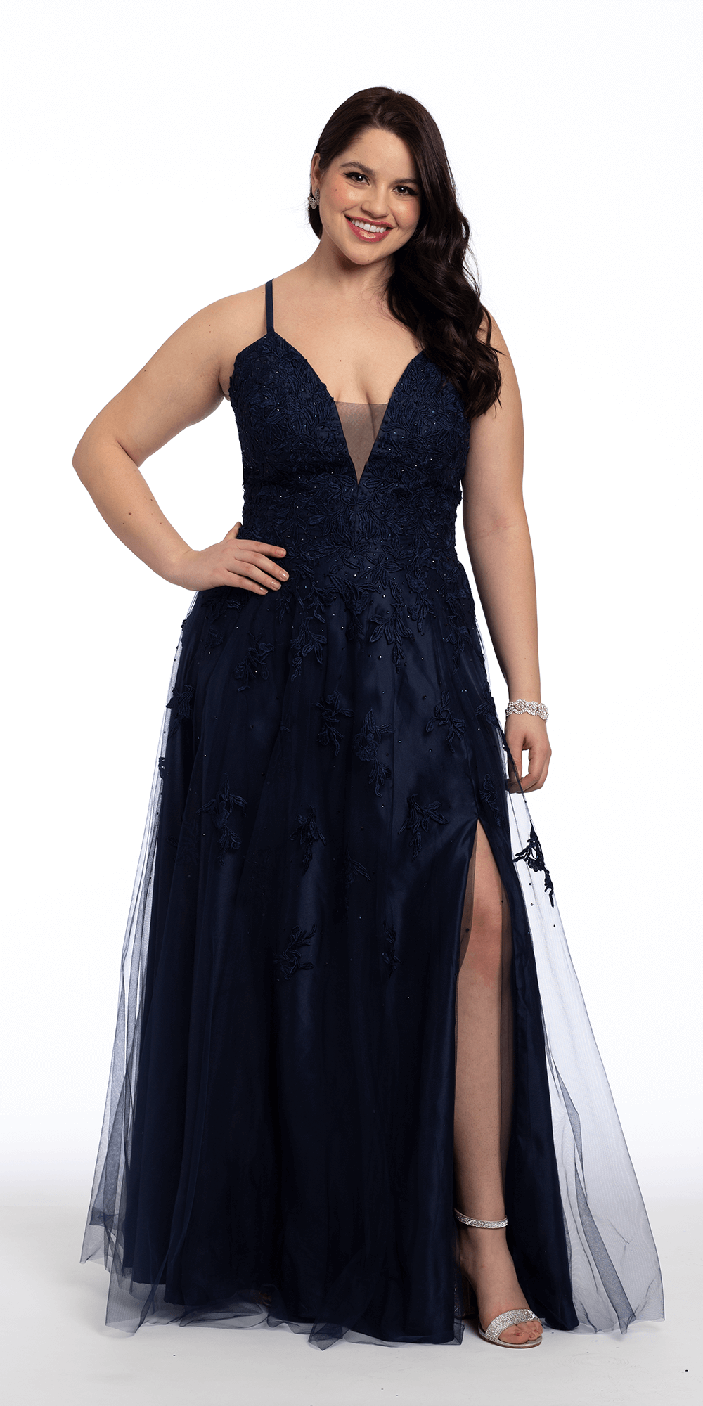 Camille La Vie Mesh Applique Plunging Lace Up A Line Dress
