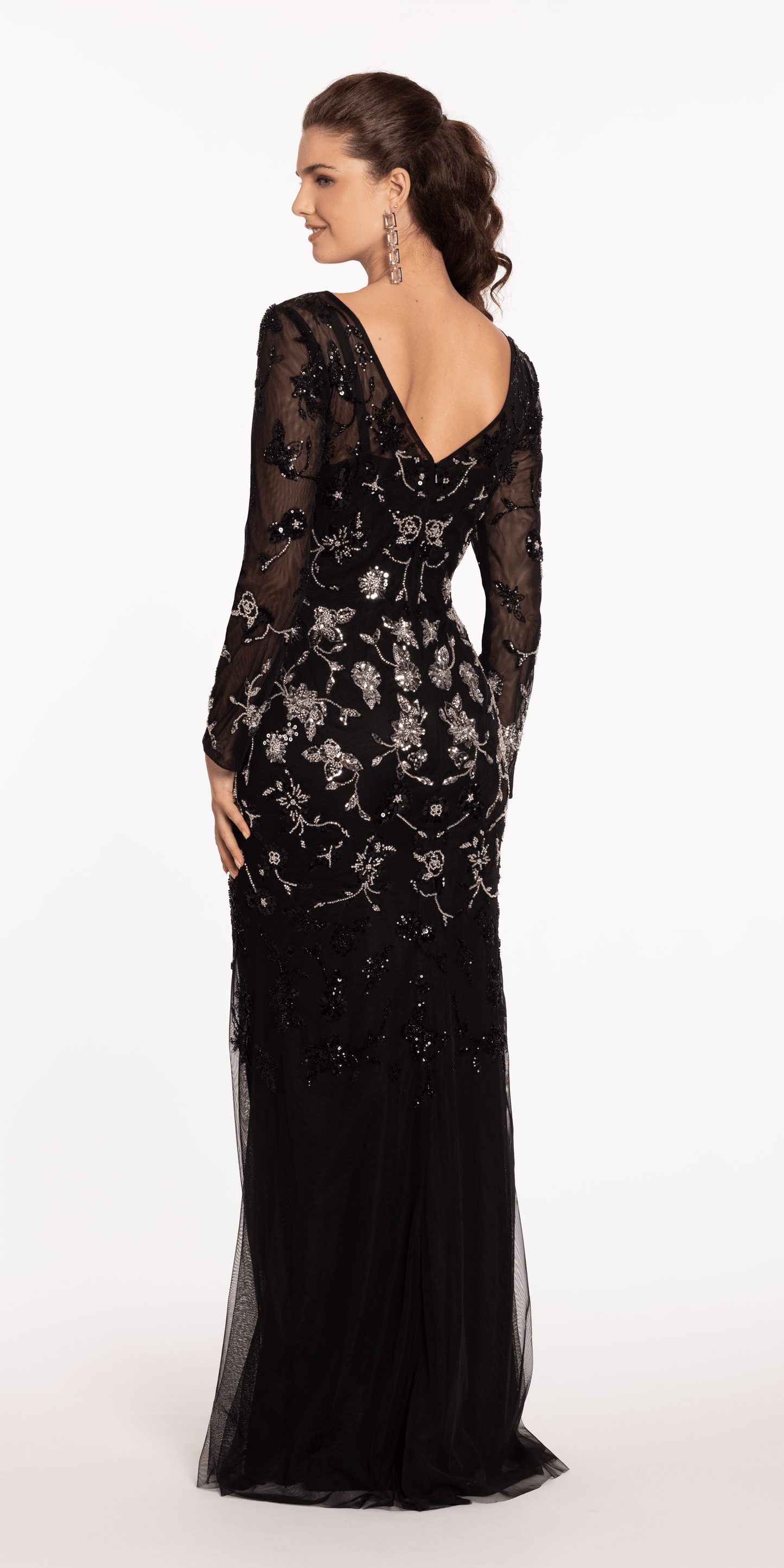 black-silver Size 8 missy Camille La Vie Mesh Long Sleeve Boatneck Column Dress with Beading