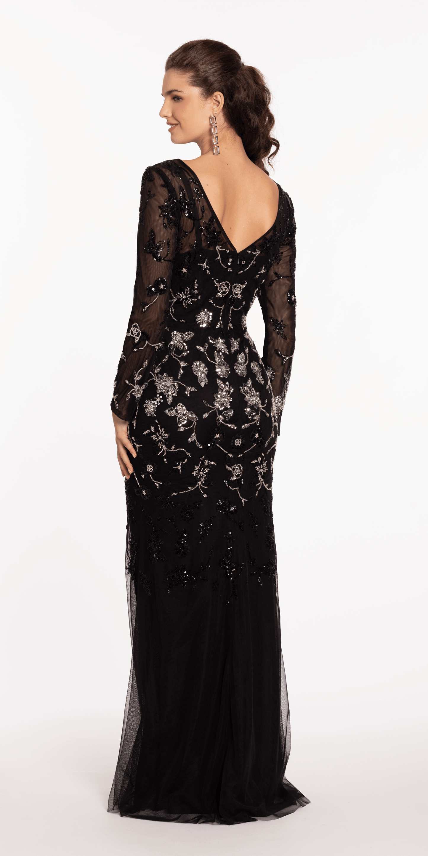 black-silver/size/8/missy/Camille La Vie/Mesh Long Sleeve Boatneck Column Dress with Beading/back