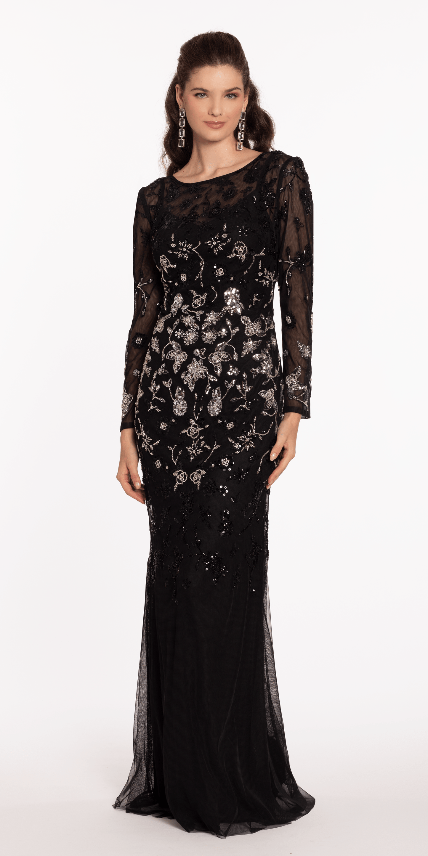black-silver Size 6 missy Camille La Vie Mesh Long Sleeve Boatneck Column Dress with Beading