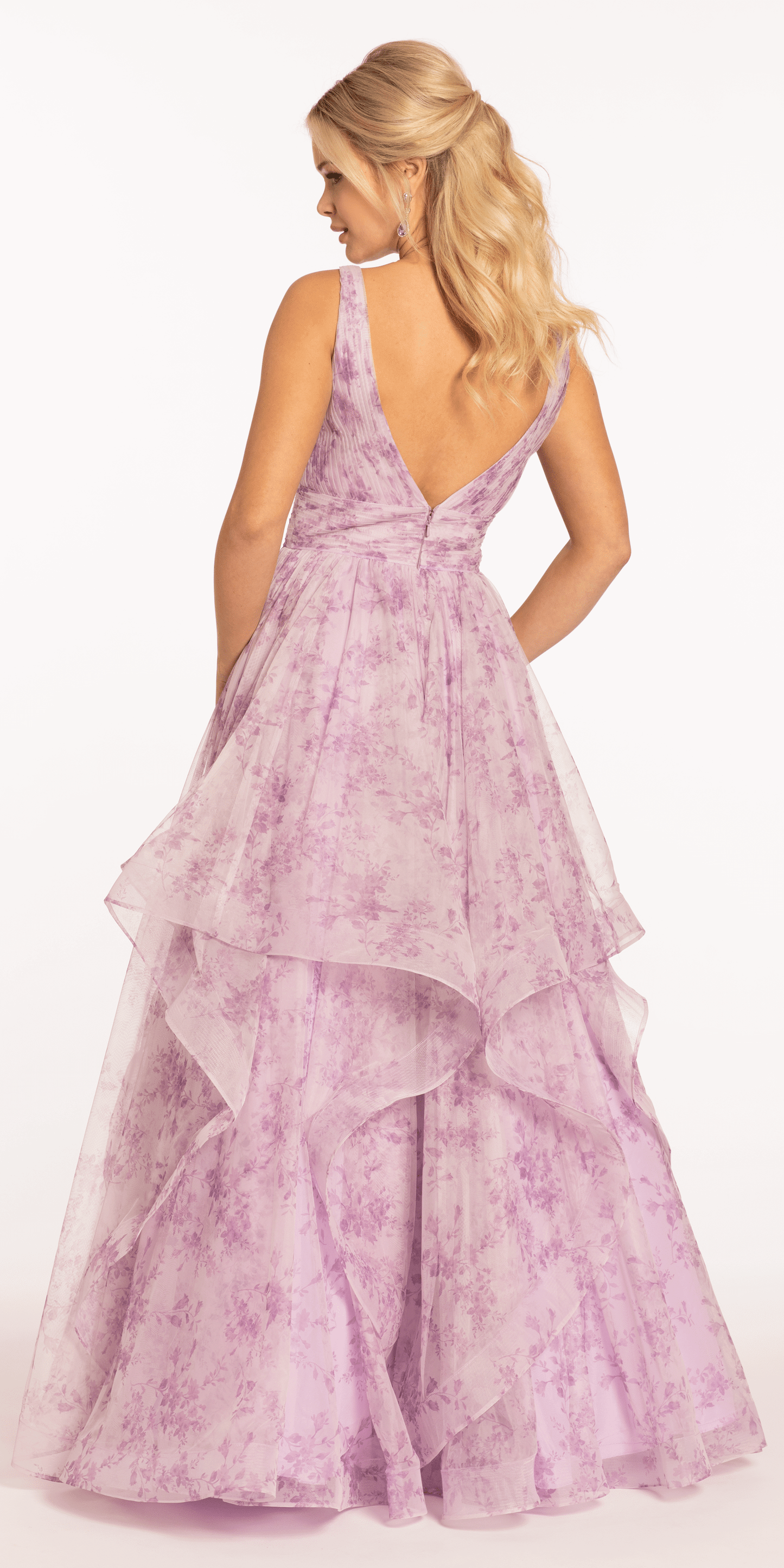 lilac/size/0/missy/Camille La Vie/Floral Pleated Plunging Mesh Tiered Ballgown/back
