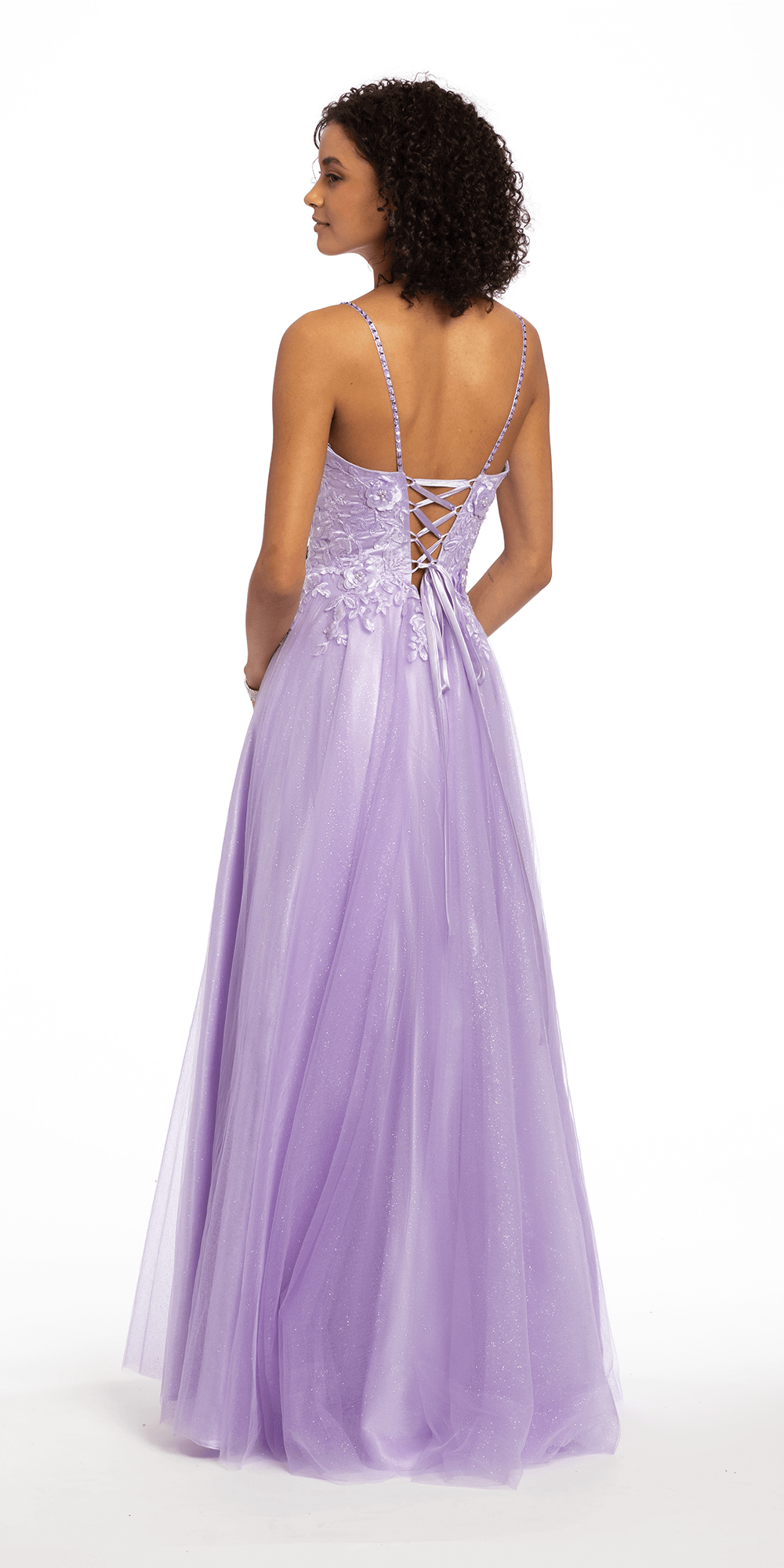 lilac/size/0/missy/Camille La Vie/Tulle Lace Up Back Ballgown with 3D Appliques/back