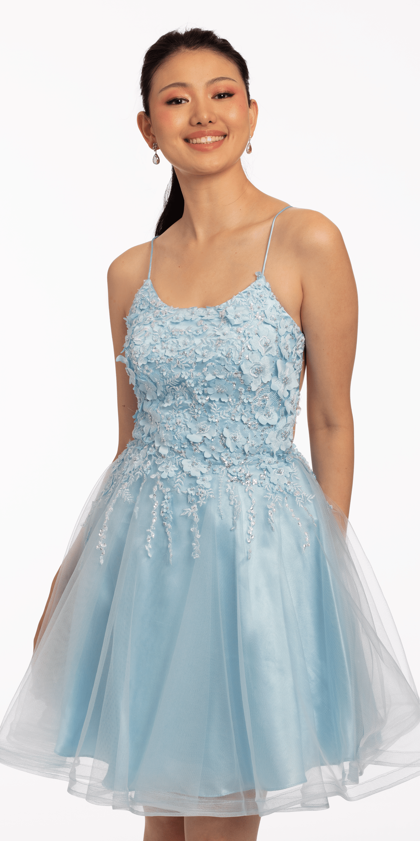 light-blue Size 0 missy Camille La Vie Strappy Back 3 D Floral Tulle Fit and Flare Dress