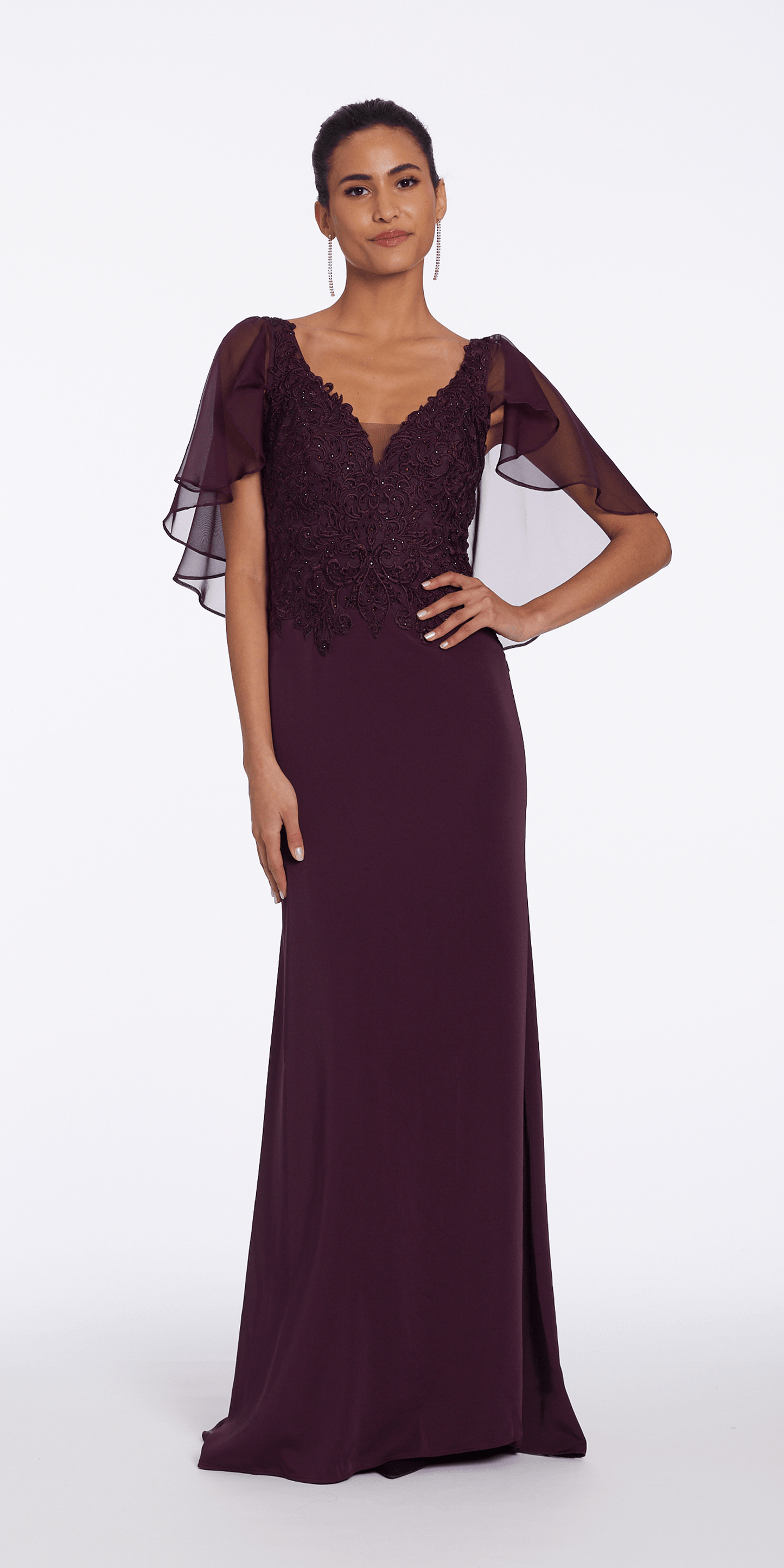 plum Size 6 missy Camille La Vie V Neck Crepe and Chiffon Capelet Dress