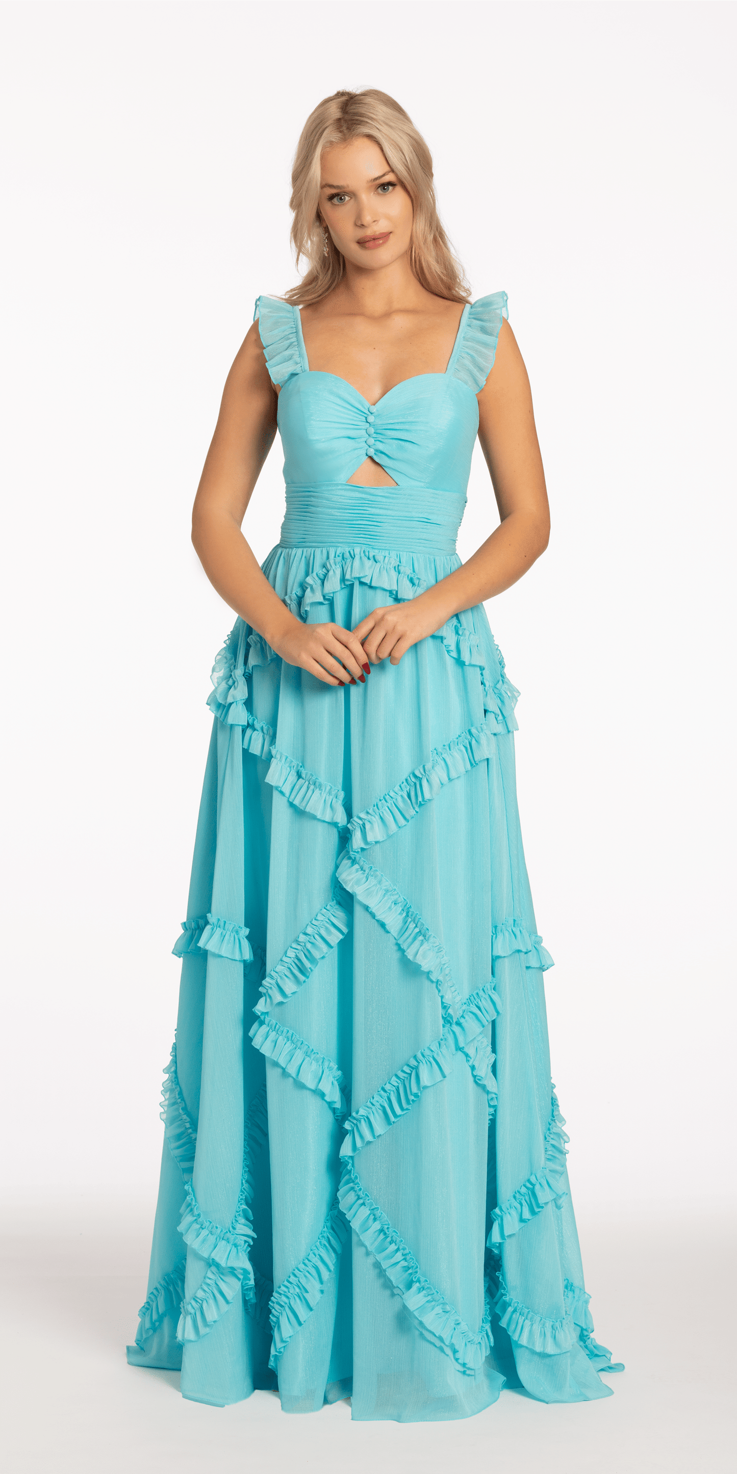 aqua Size 00 missy Camille La Vie Sweetheart Chiffon Ruffle Dress with Keyhole Front