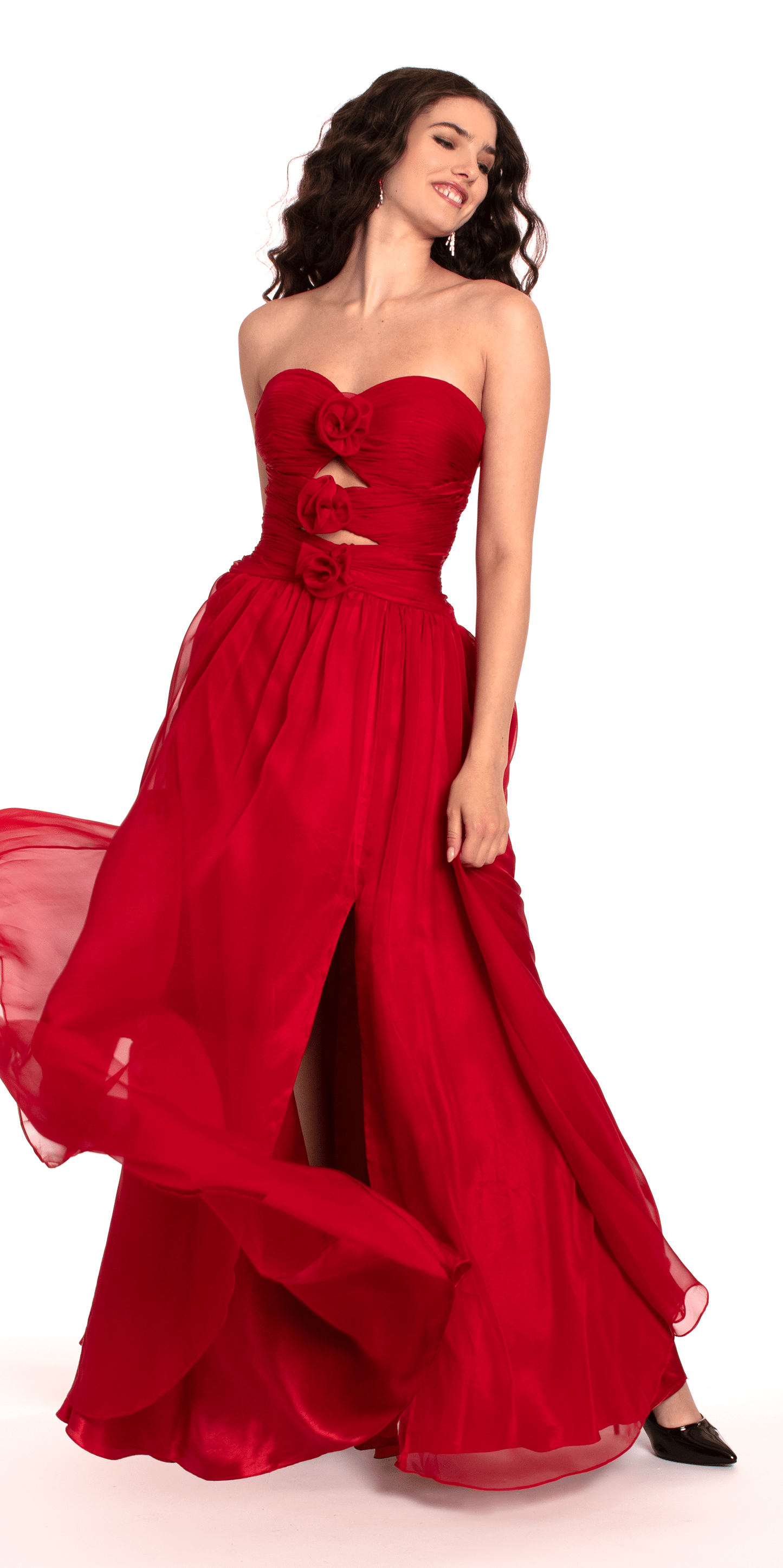 red Size 2 missy Camille La Vie Ruched Chiffon Sweetheart Peek-a-Boo A Line Dress with Rose Detail