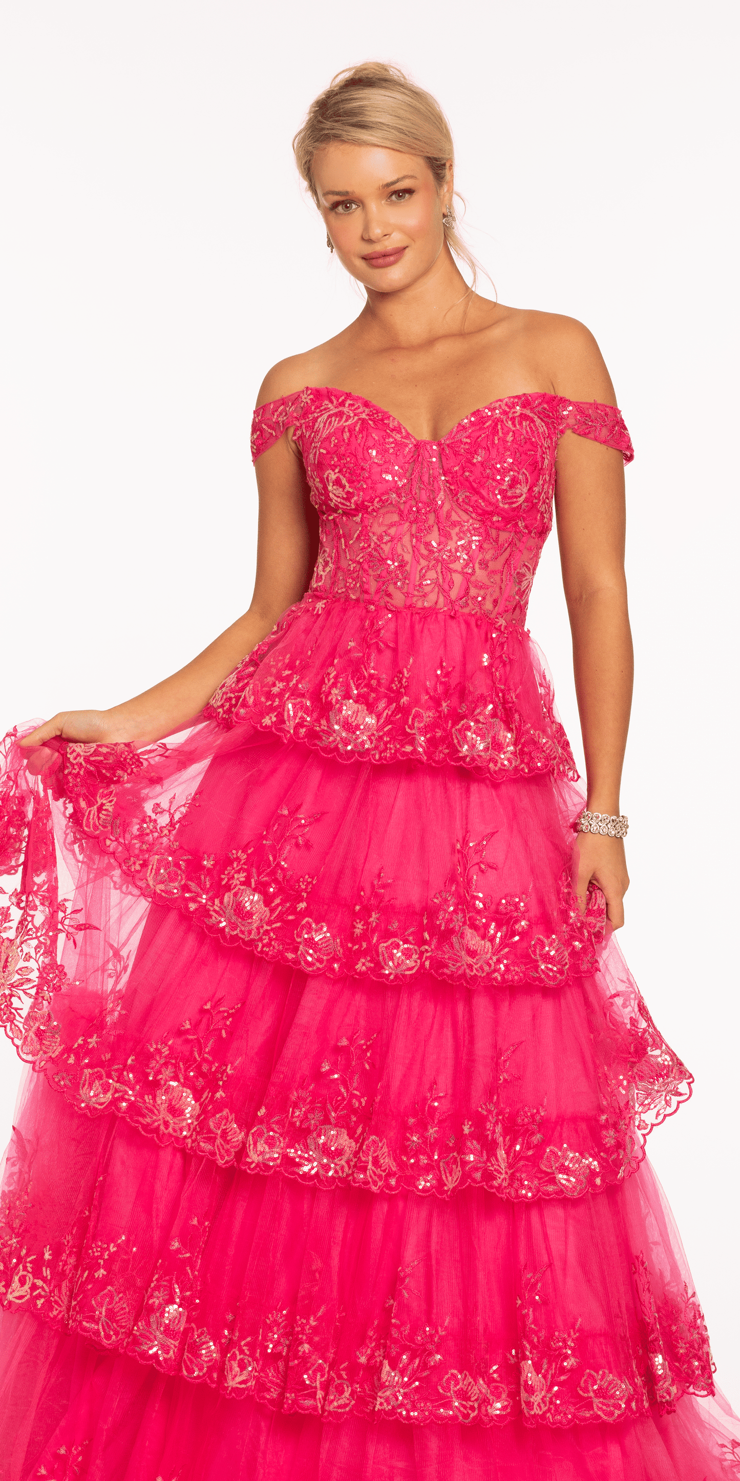 fuchsia Size 00 missy Camille La Vie Off the Shoulder Embellished Tiered Corset Ballgown