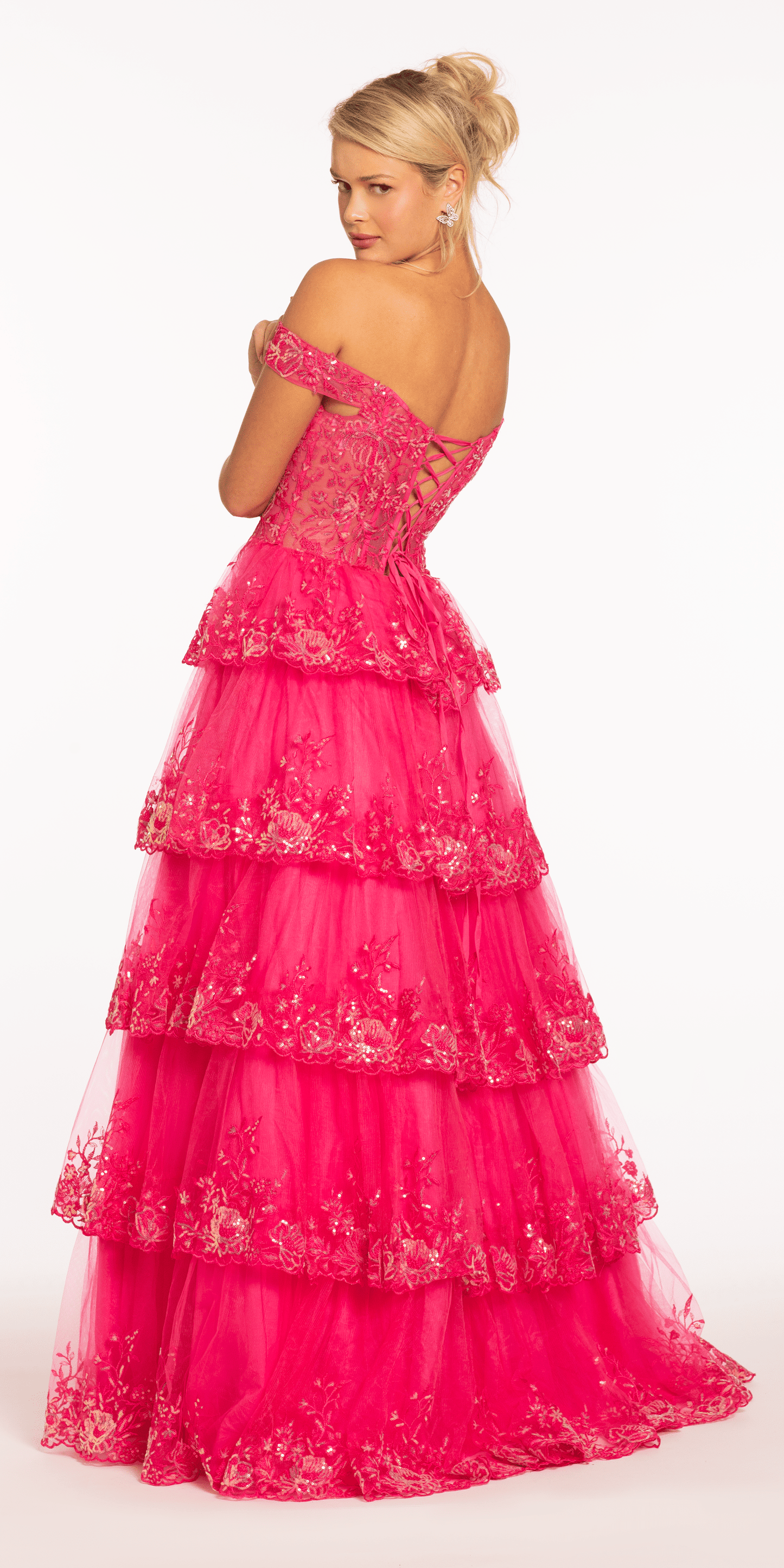 fuchsia Size 00 missy Camille La Vie Off the Shoulder Embellished Tiered Corset Ballgown