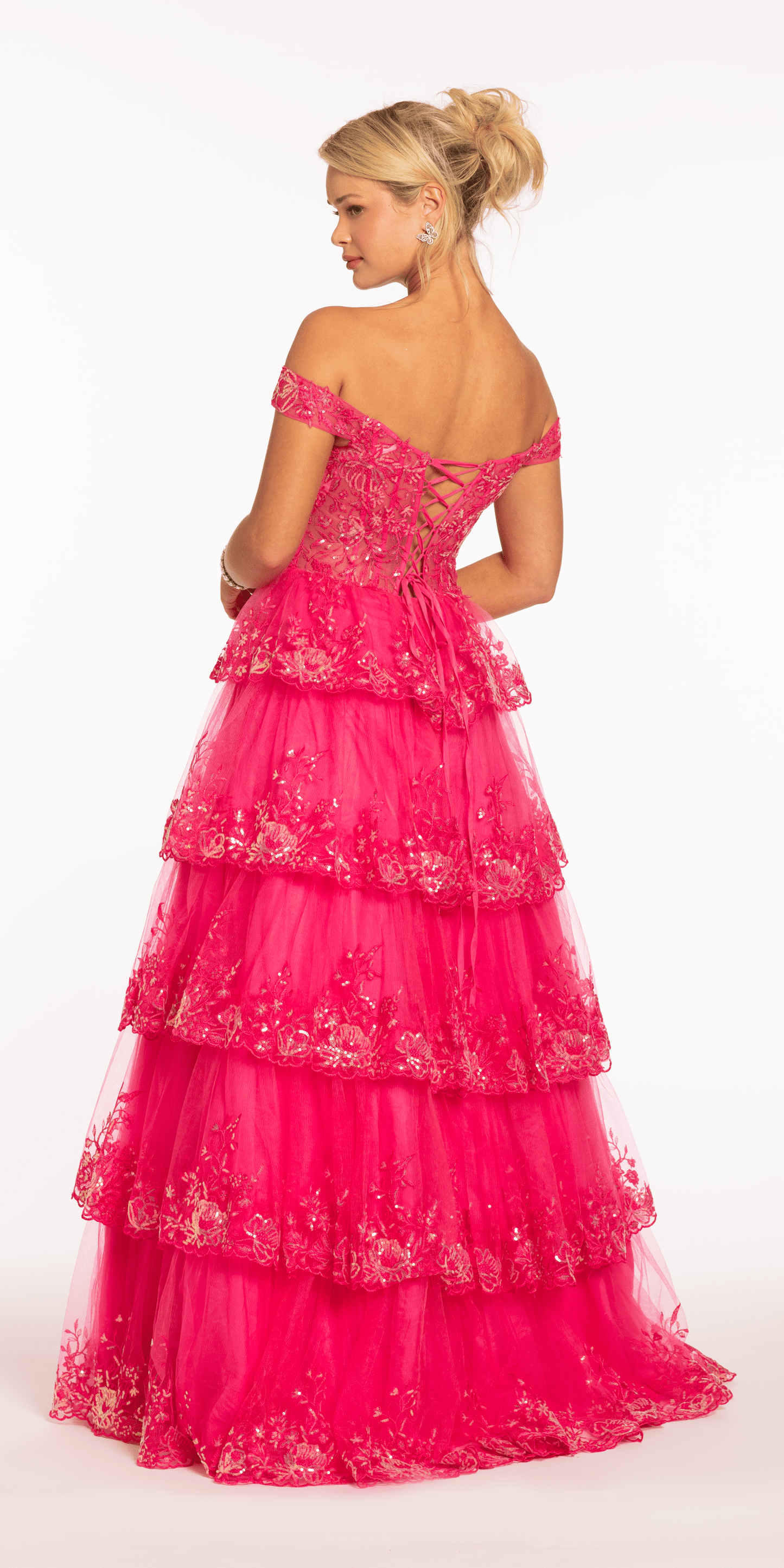 fuchsia Size 00 missy Camille La Vie Off the Shoulder Embellished Tiered Corset Ballgown