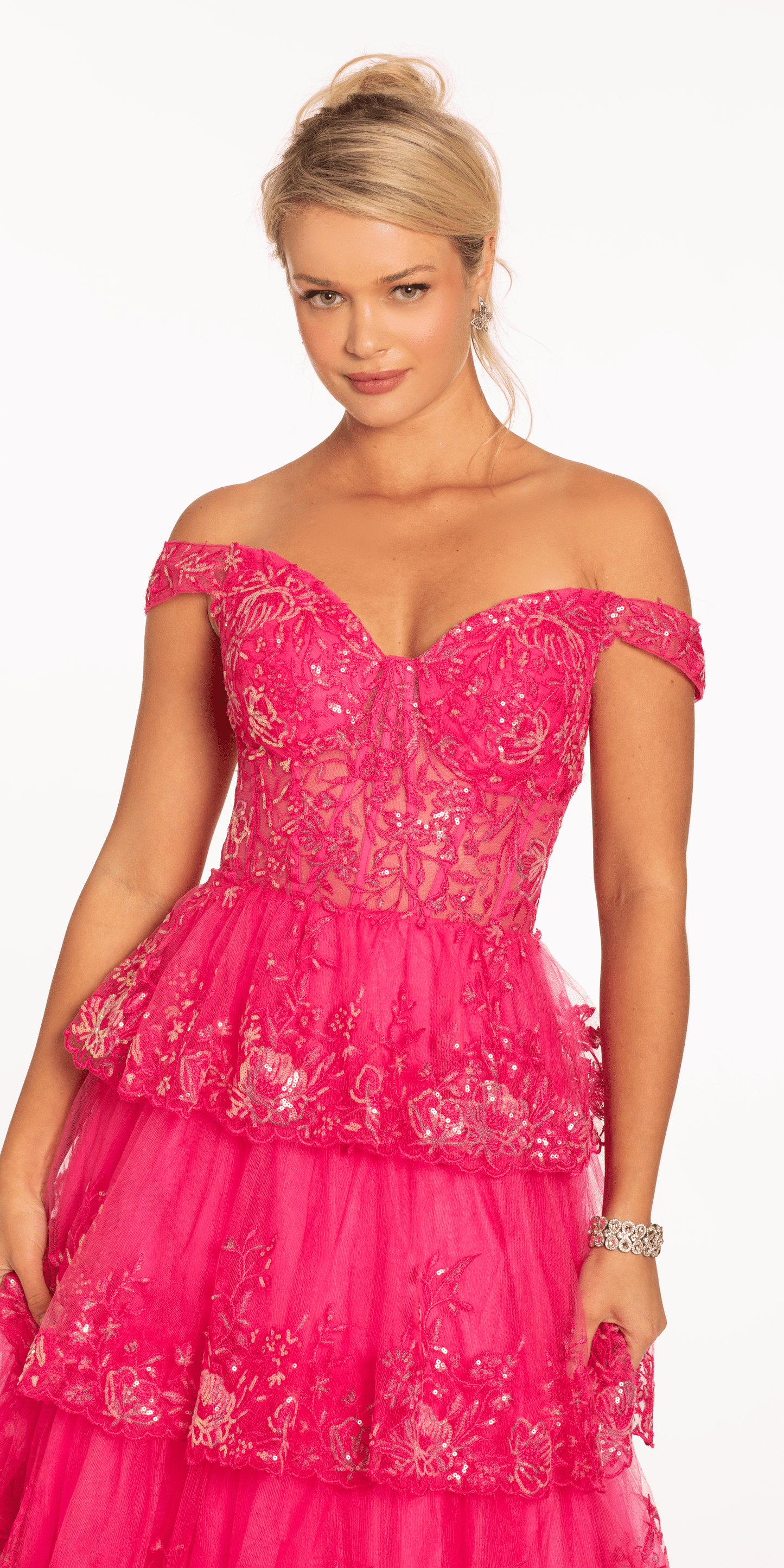 fuchsia Size 6 missy Camille La Vie Off the Shoulder Embellished Tiered Corset Ballgown
