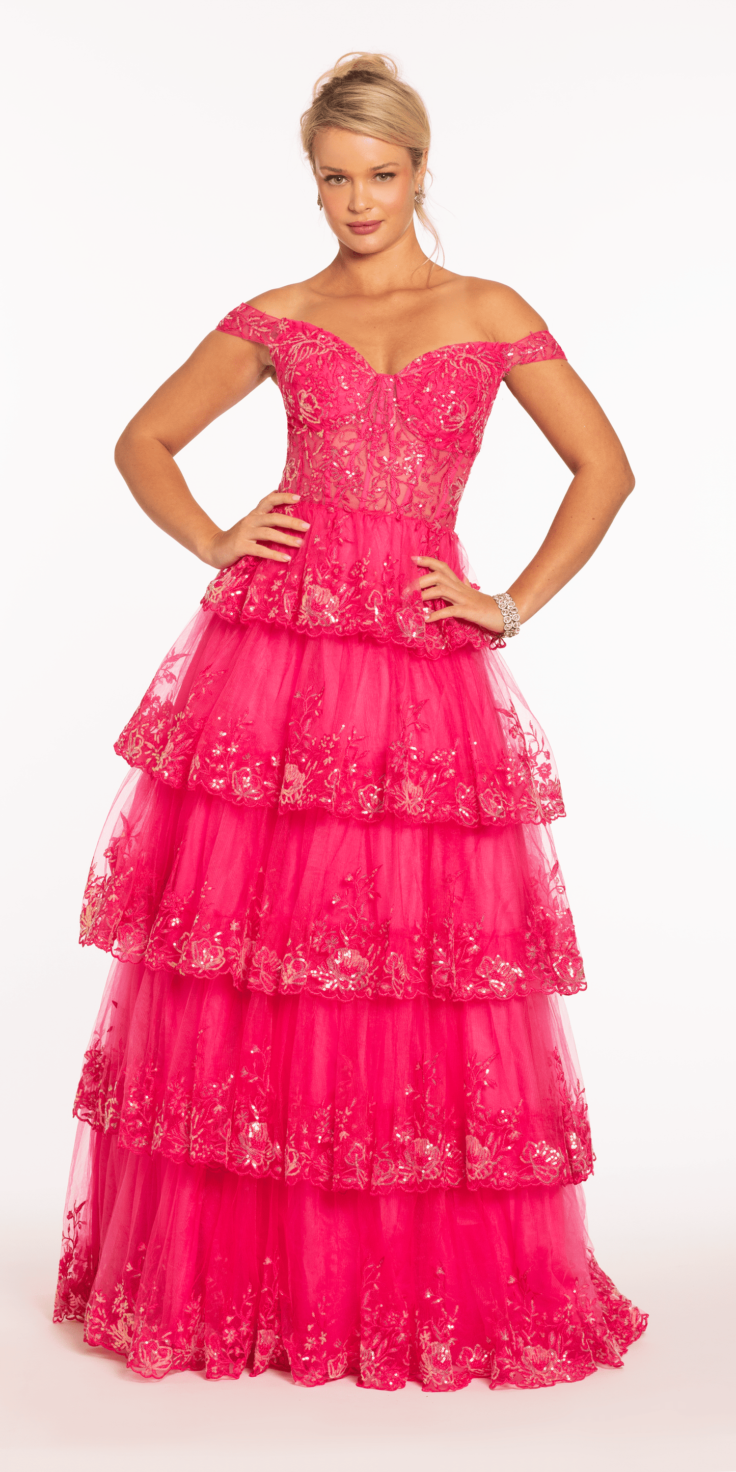 fuchsia Size 00 missy Camille La Vie Off the Shoulder Embellished Tiered Corset Ballgown