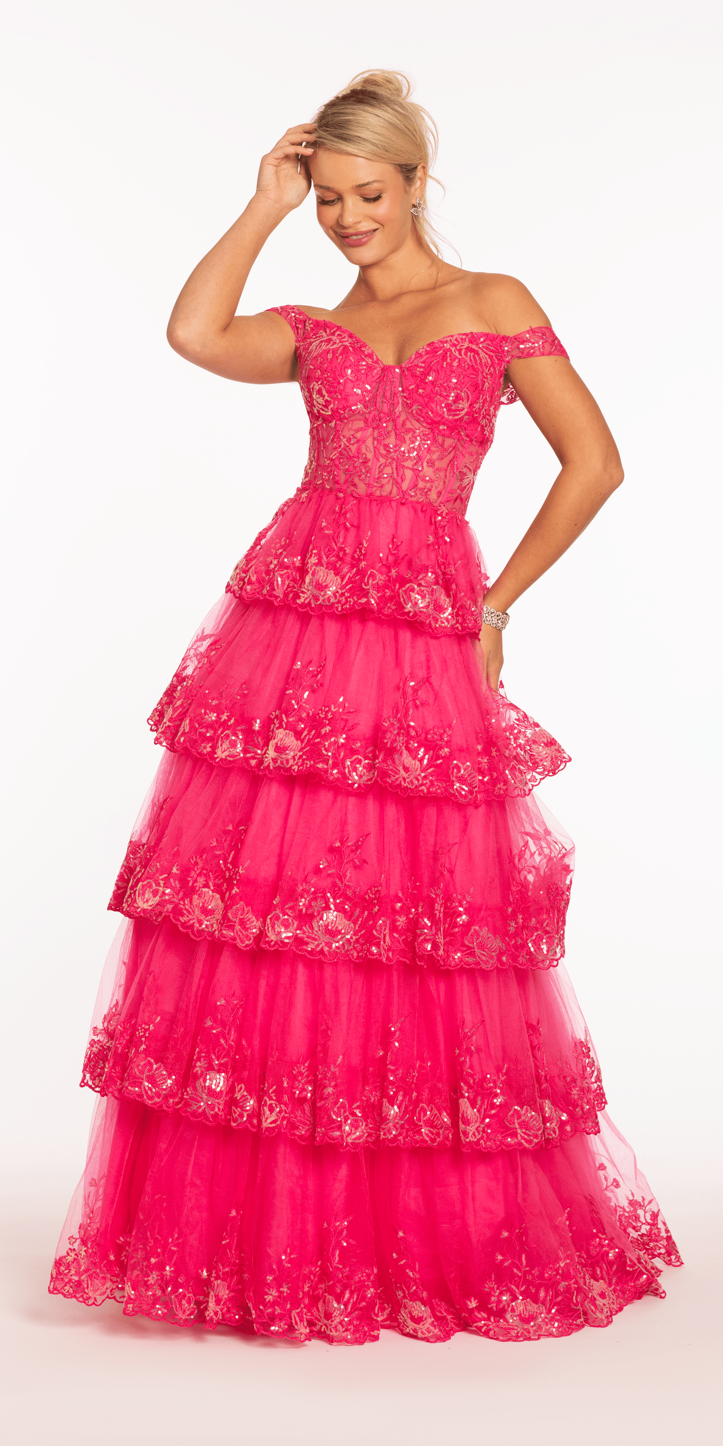 fuchsia Size 00 missy Camille La Vie Off the Shoulder Embellished Tiered Corset Ballgown