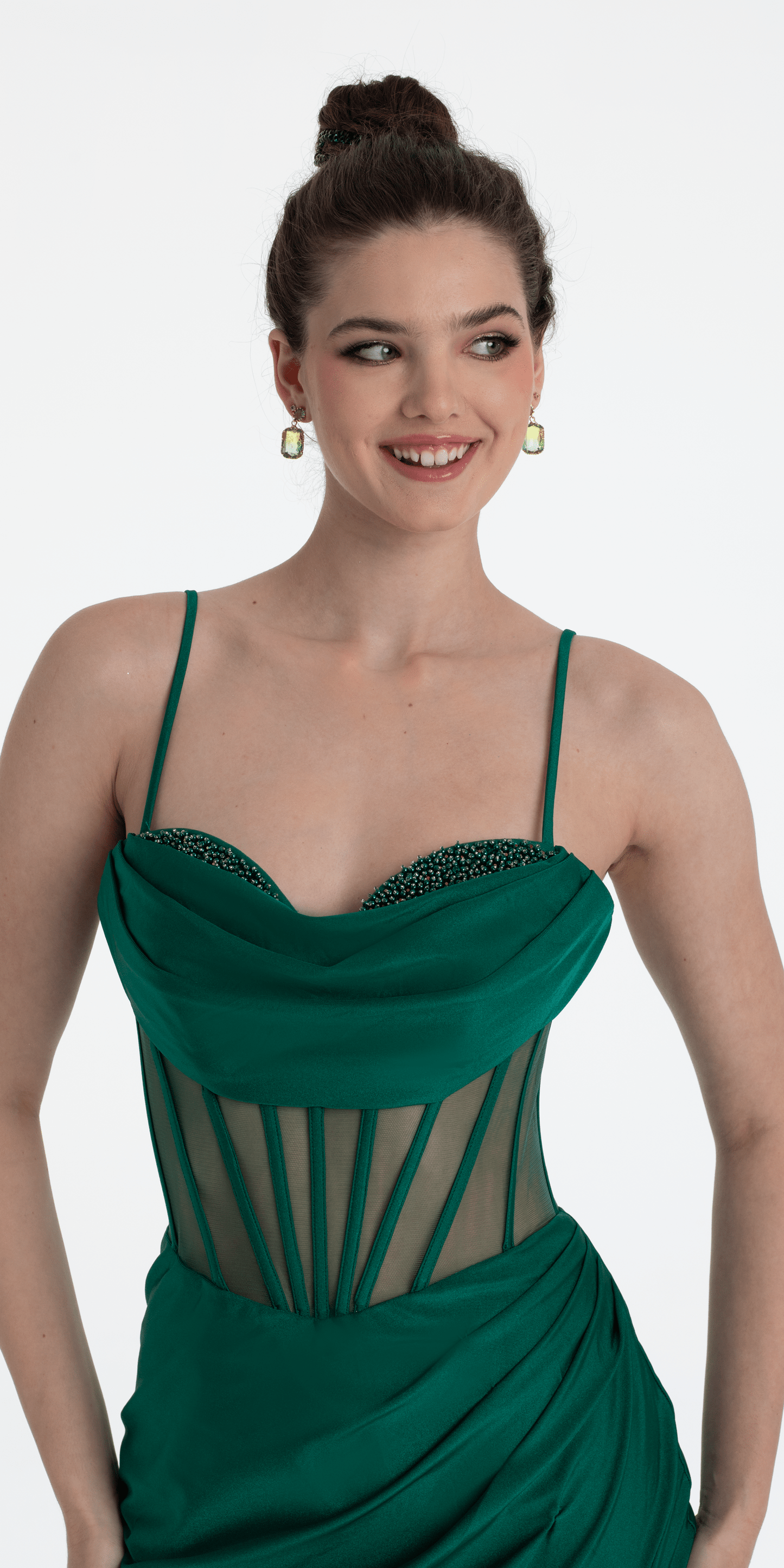 Camille La Vie Beaded Drape Corset Stretch Satin Column Dress