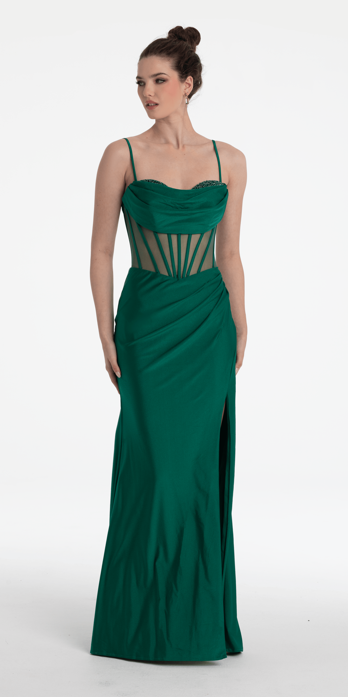 green Size 00 missy Camille La Vie Beaded Drape Corset Stretch Satin Column Dress