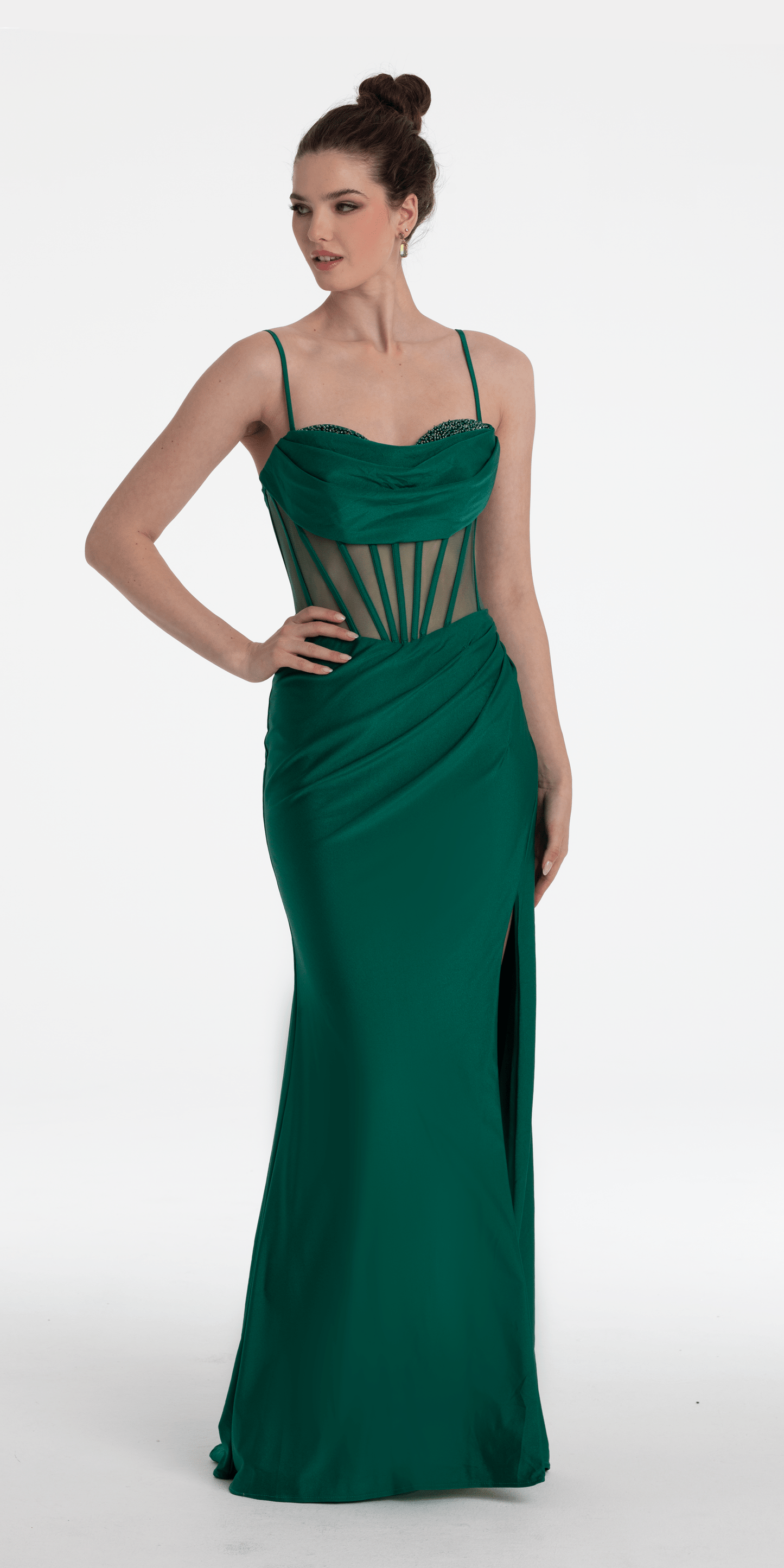 Camille La Vie Beaded Drape Corset Stretch Satin Column Dress