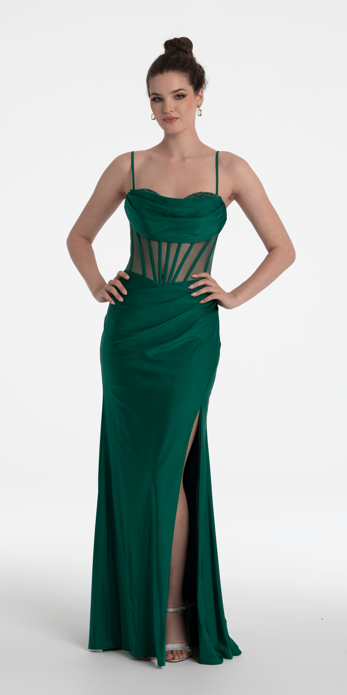 Camille La Vie Beaded Drape Corset Stretch Satin Column Dress