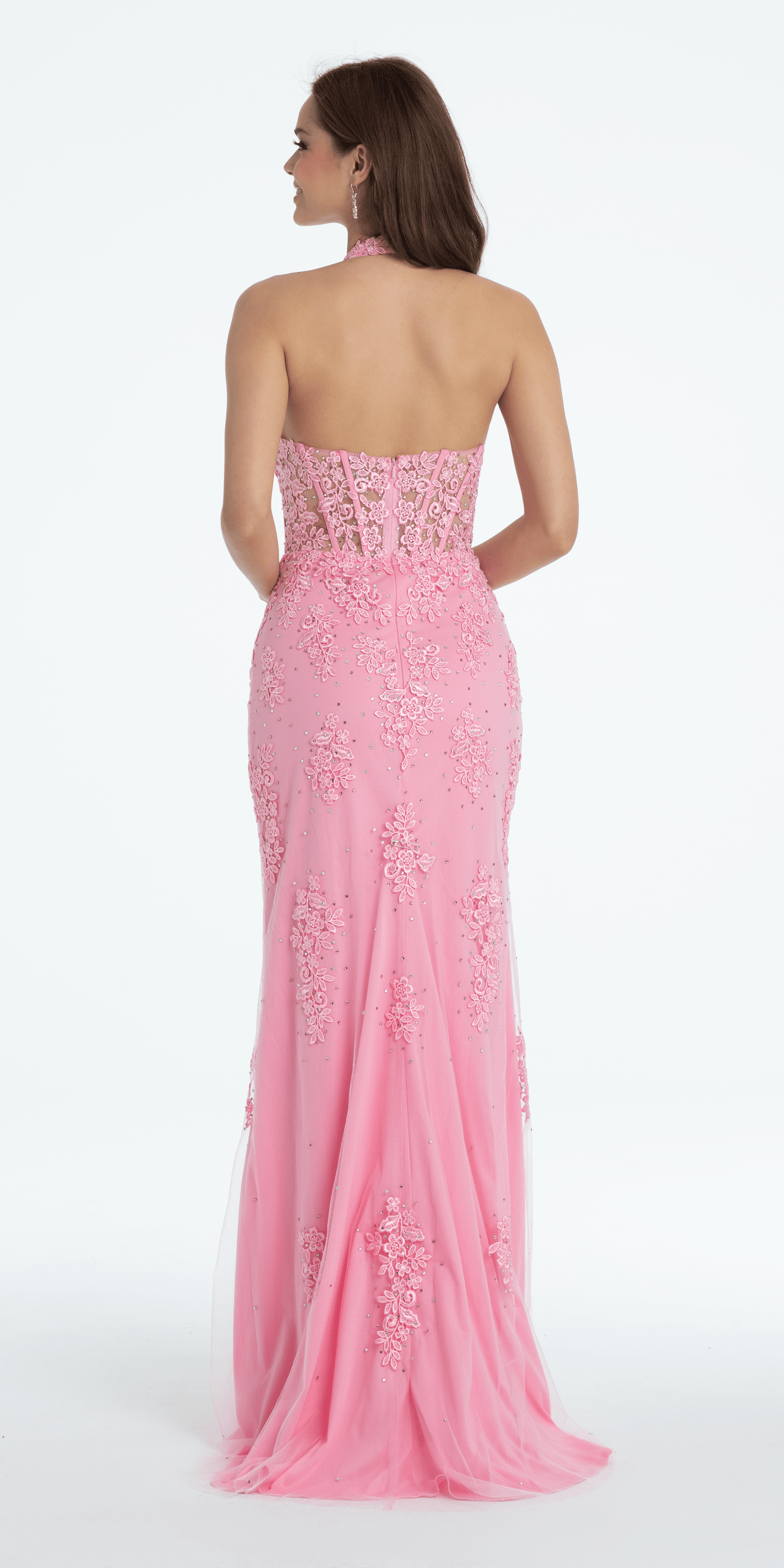 pink Size 00 missy Camille La Vie Embroidered Plunging Corset Mesh Halter Dress