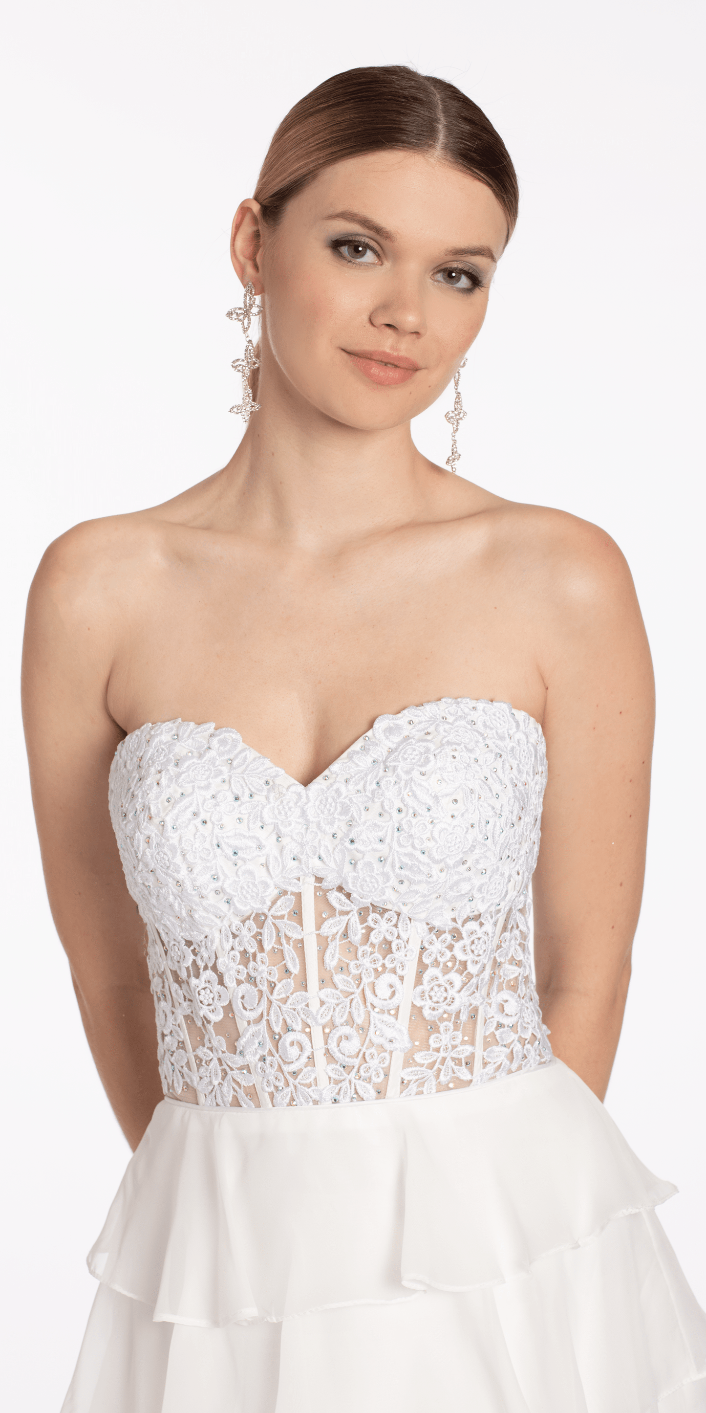 Camille La Vie /Embroidered Strapless Chiffon Tiered Corset Ballgown /missy size /0/ ivory /close up
