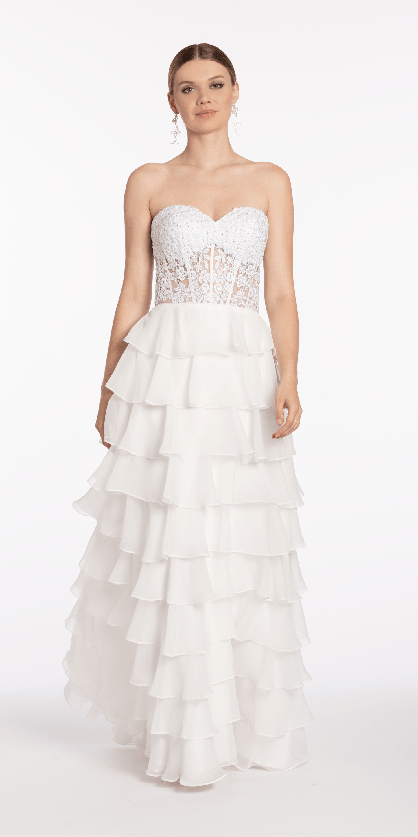 Camille La Vie/ Embroidered Strapless Chiffon Tiered Corset Ballgown missy / size/ 0 / ivory/front