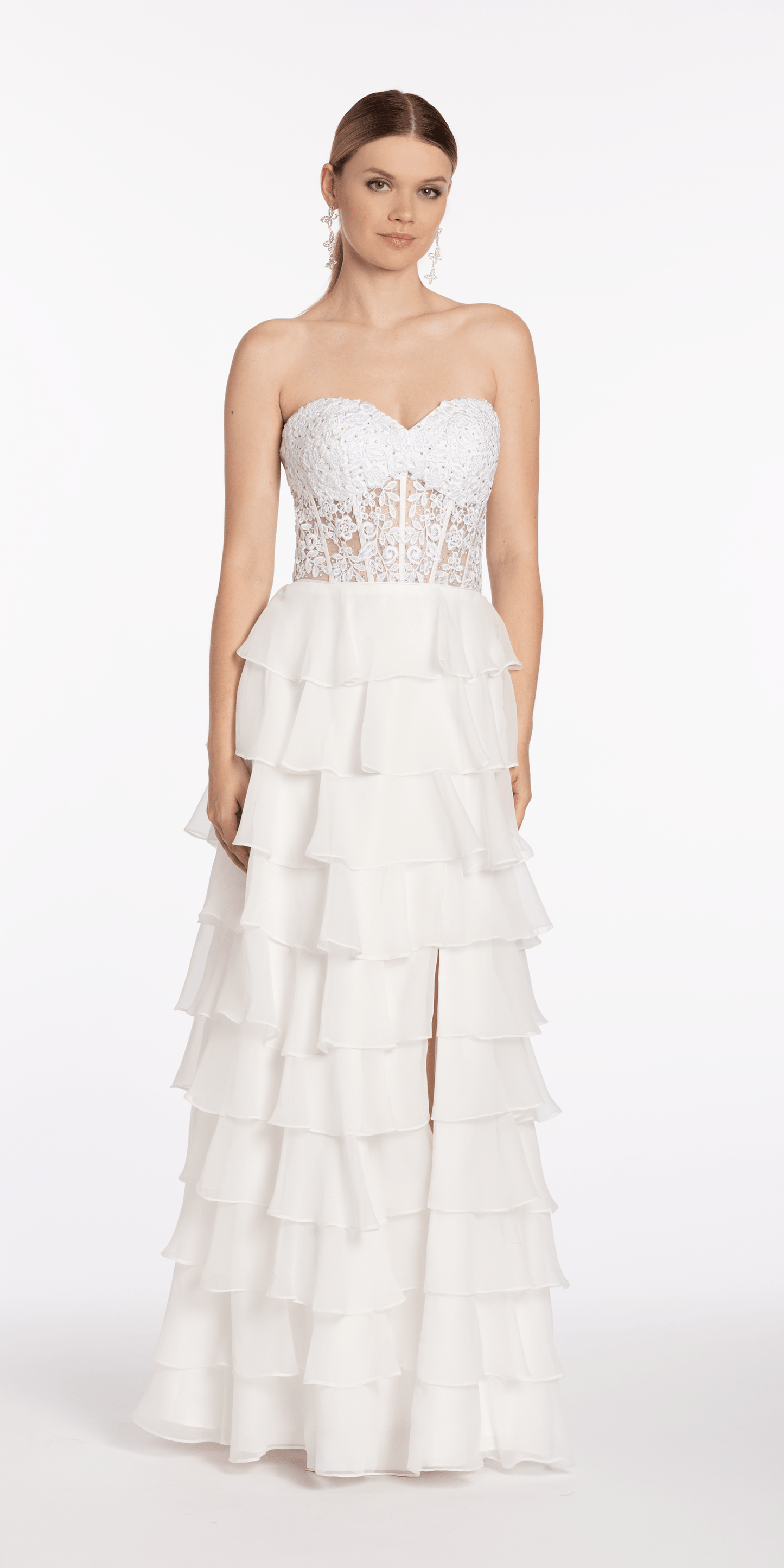 Camille La Vie /Embroidered Strapless Chiffon Tiered Corset Ballgown /missy size /0/ ivory /front alt