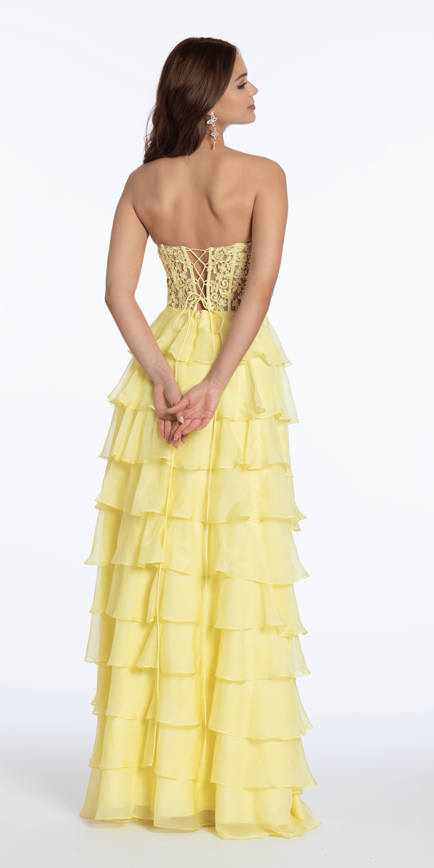 Camille La Vie /Embroidered Strapless Chiffon Tiered Corset Ballgown /missy size /0/ yellow /back