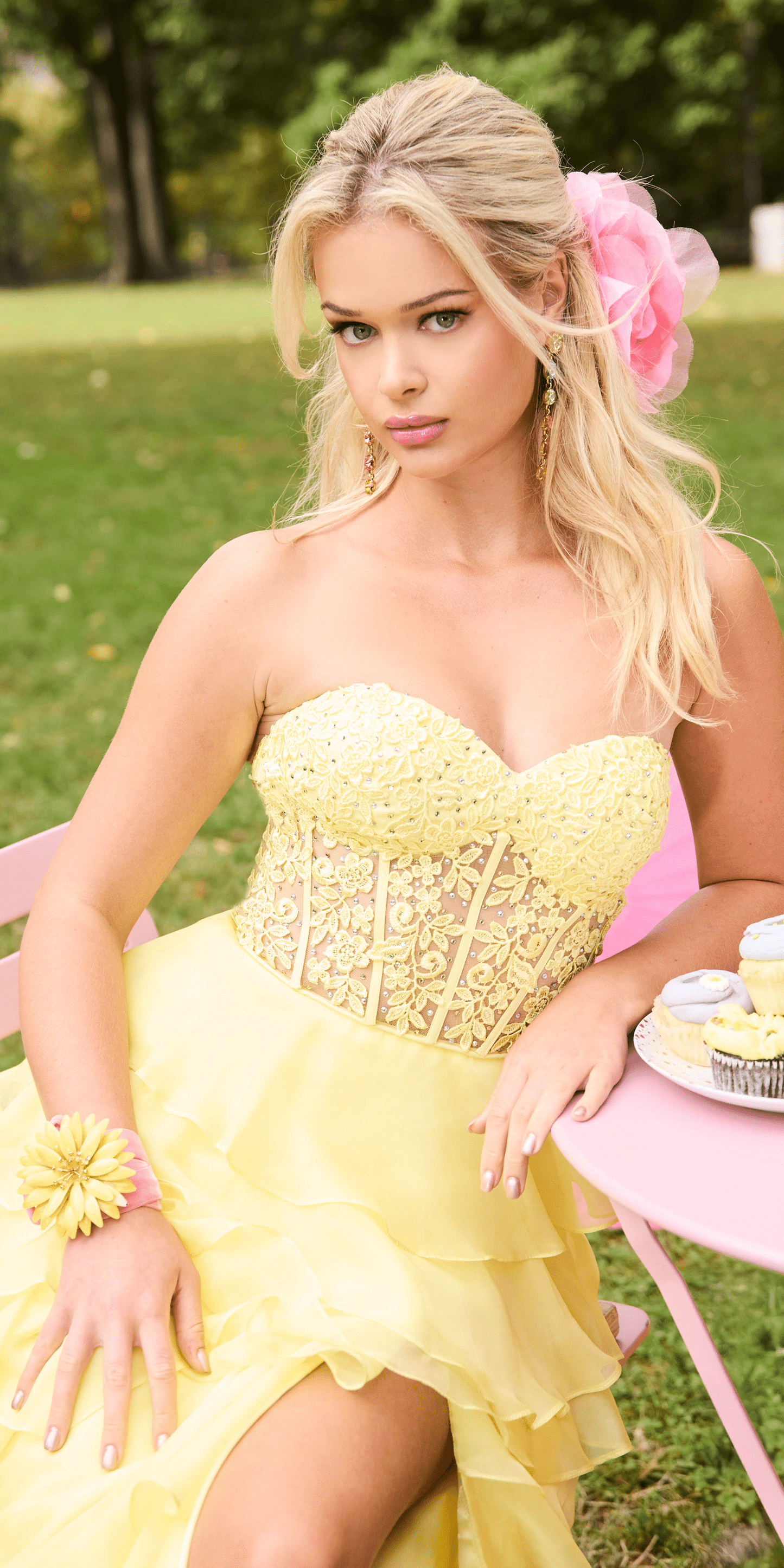 Camille La Vie /Embroidered Strapless Chiffon Tiered Corset Ballgown /missy size /0/ yellow/lifestyle