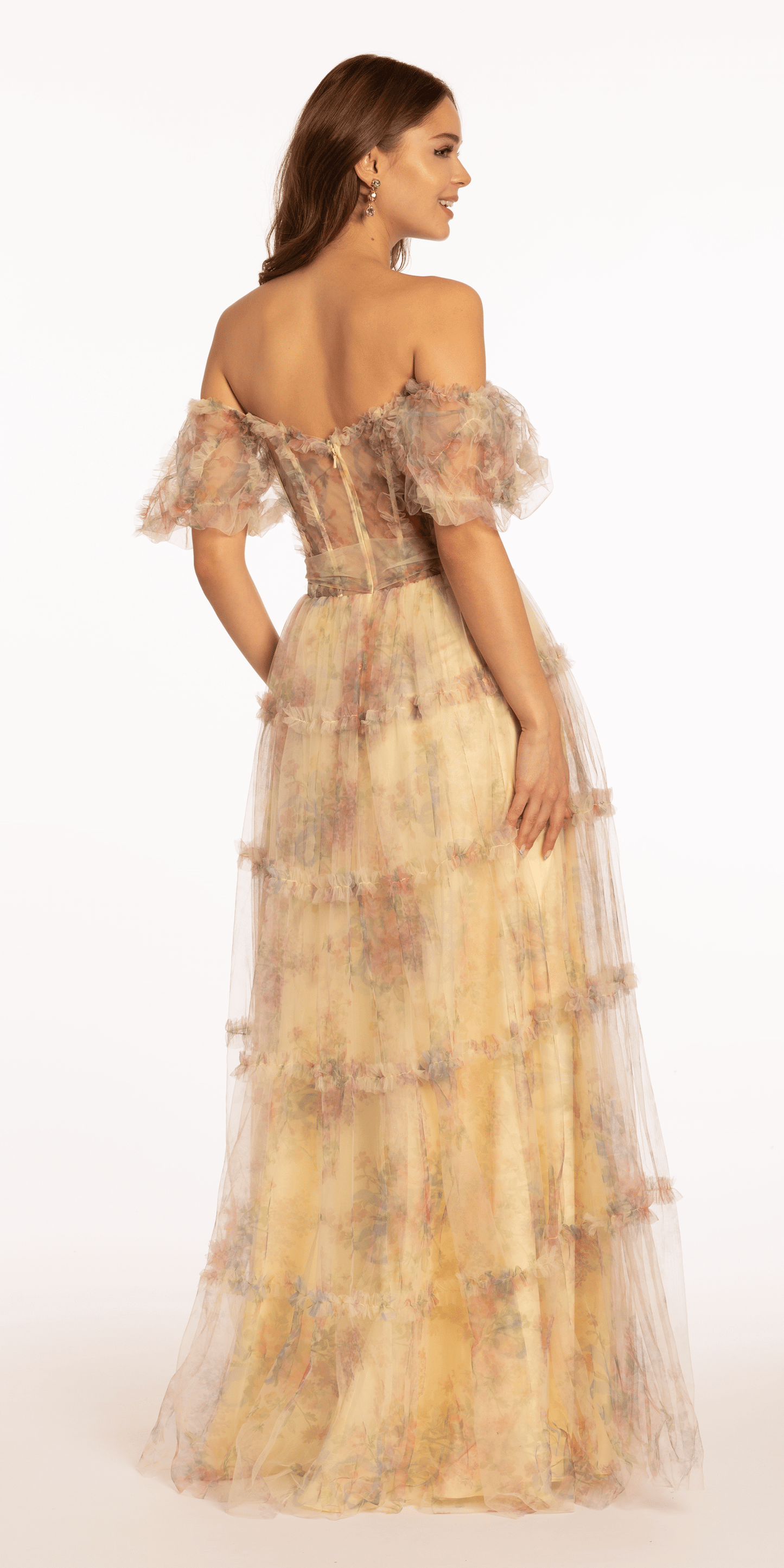 yellow Size 2 missy Camille La Vie Mesh Puff Sleeve Off the Shoulder Floral Tiered A Line Dress