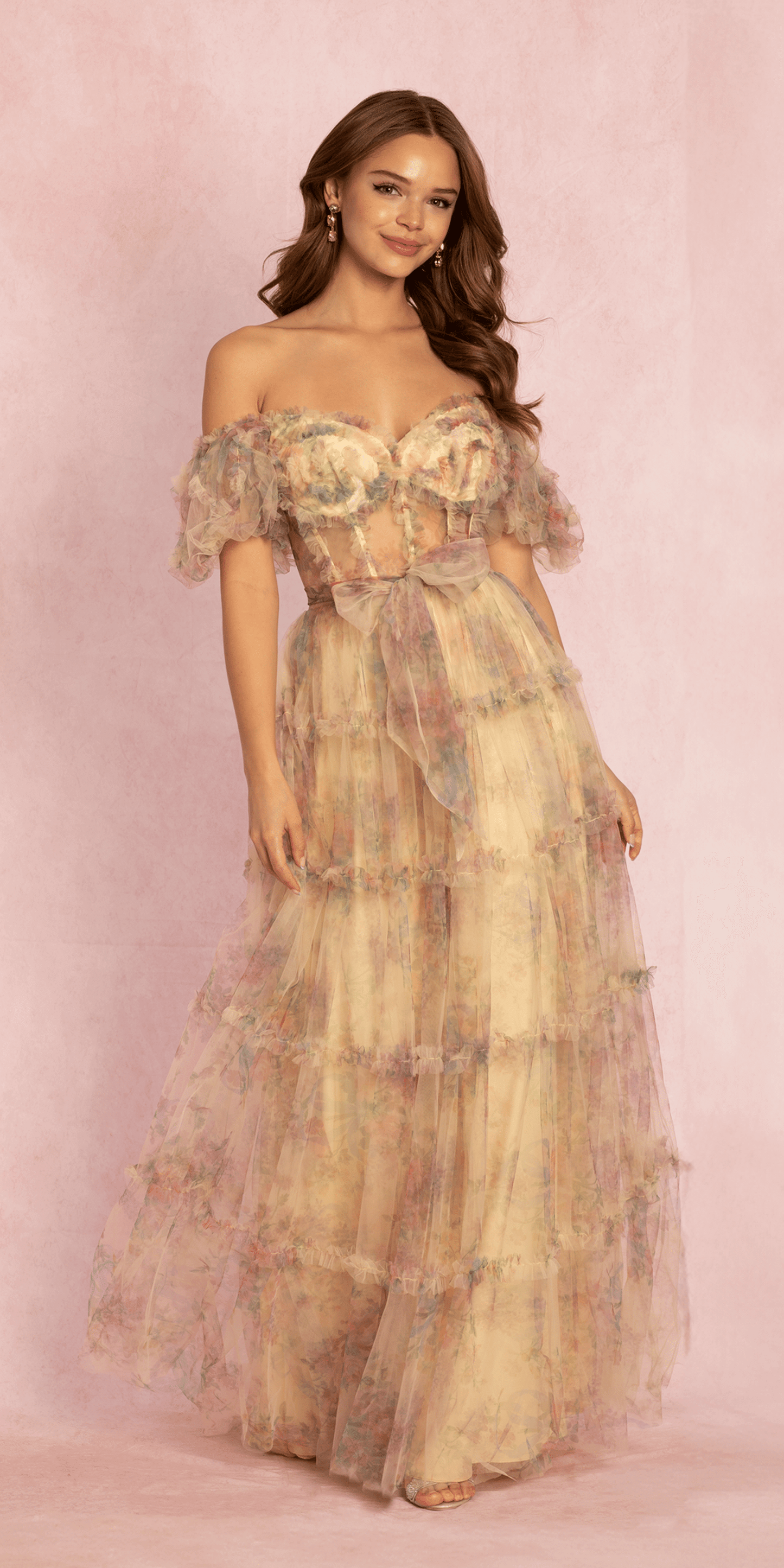 Camille La Vie/ Mesh Puff Sleeve Off the Shoulder Floral Tiered A Line Dress /missy size/ 2 /yellow/front