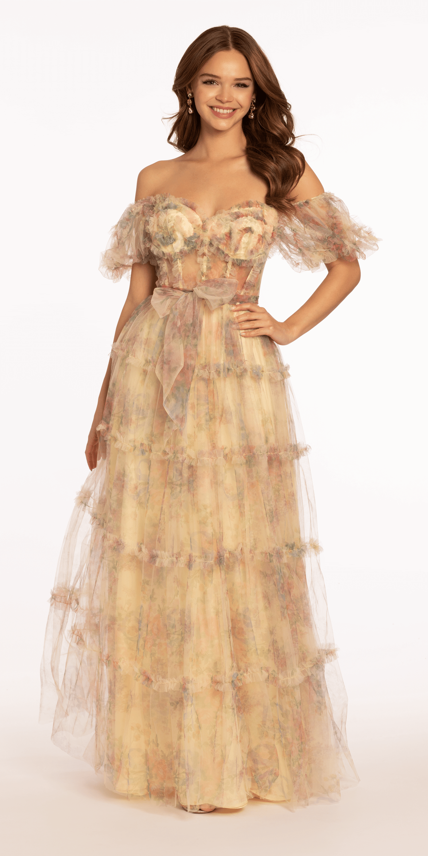 Camille La Vie/ Mesh Puff Sleeve Off the Shoulder Floral Tiered A Line Dress /missy size/ 2 /yellow/front alt