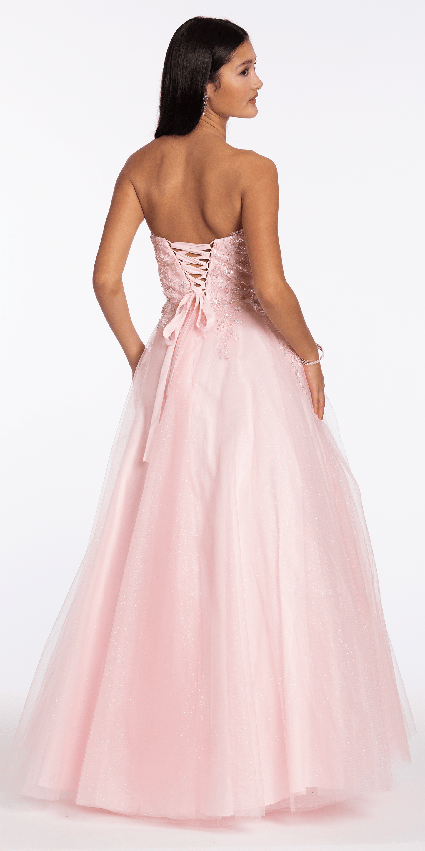Strapless Glitter Tulle Ballgown with 3D Detail - Camille La Vie