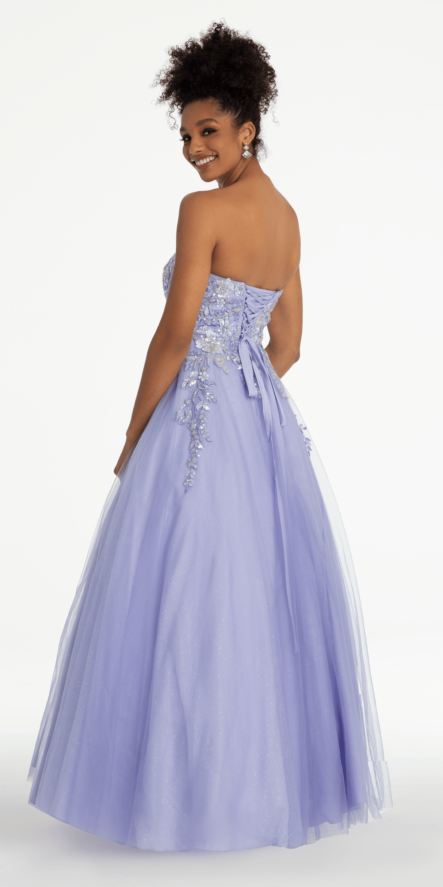 lilac/size/4/missy/Camille La Vie/Strapless Sweetheart Glitter Mesh Ballgown with 3D Appliques/back