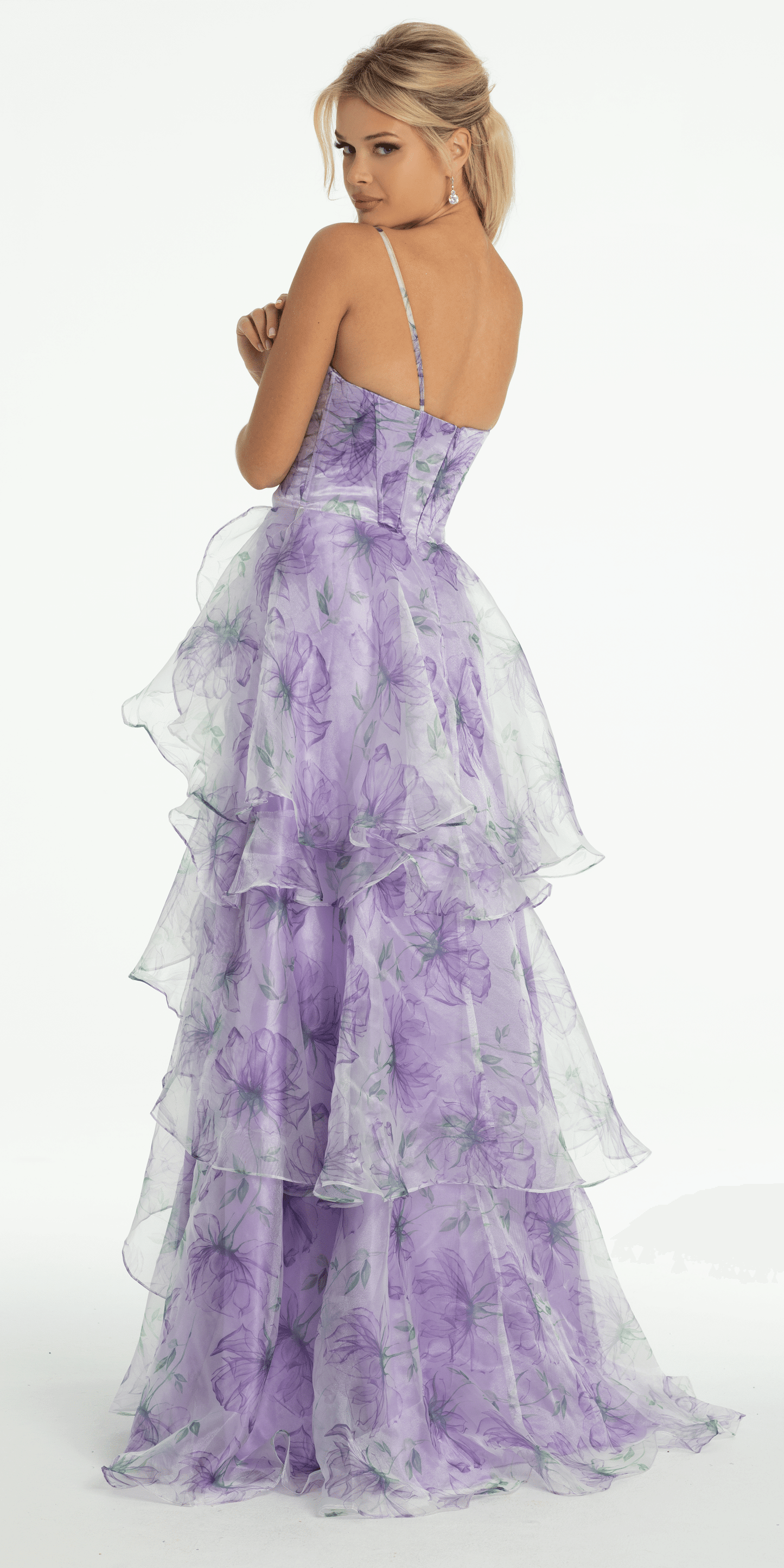 lilac/size/00/missy/Camille La Vie/Floral Organza Tiered Corset Ballgown/back