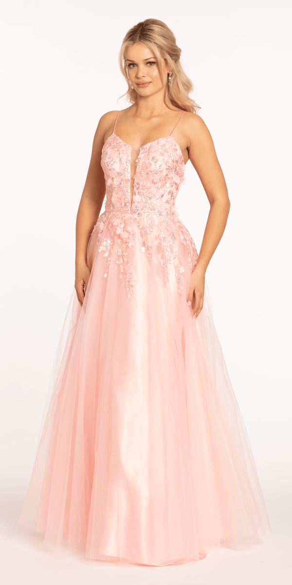 3 D Applique Glitter Mesh Plunge Lace Up Back Ballgown - View 5 | Shop Formal Dress