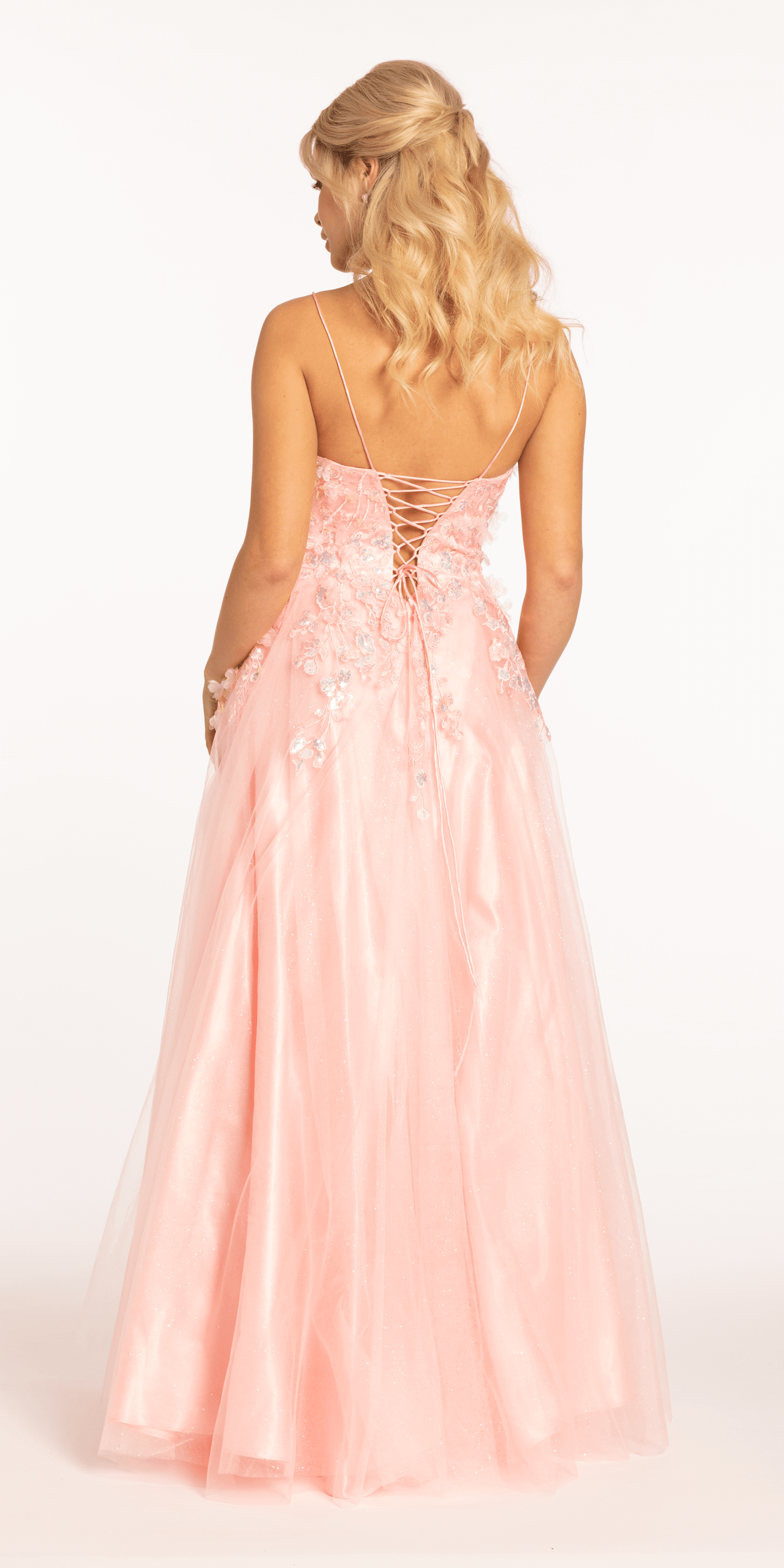 light-pink/size/00/missy/Camille La Vie/3 D Applique Glitter Mesh Plunge Lace Up Back Ballgown/back