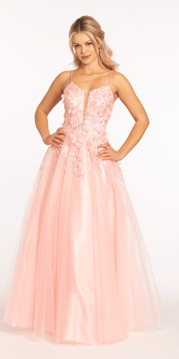 3 D Applique Glitter Mesh Plunge Lace Up Back Ballgown - View 1 | Shop Formal Dress