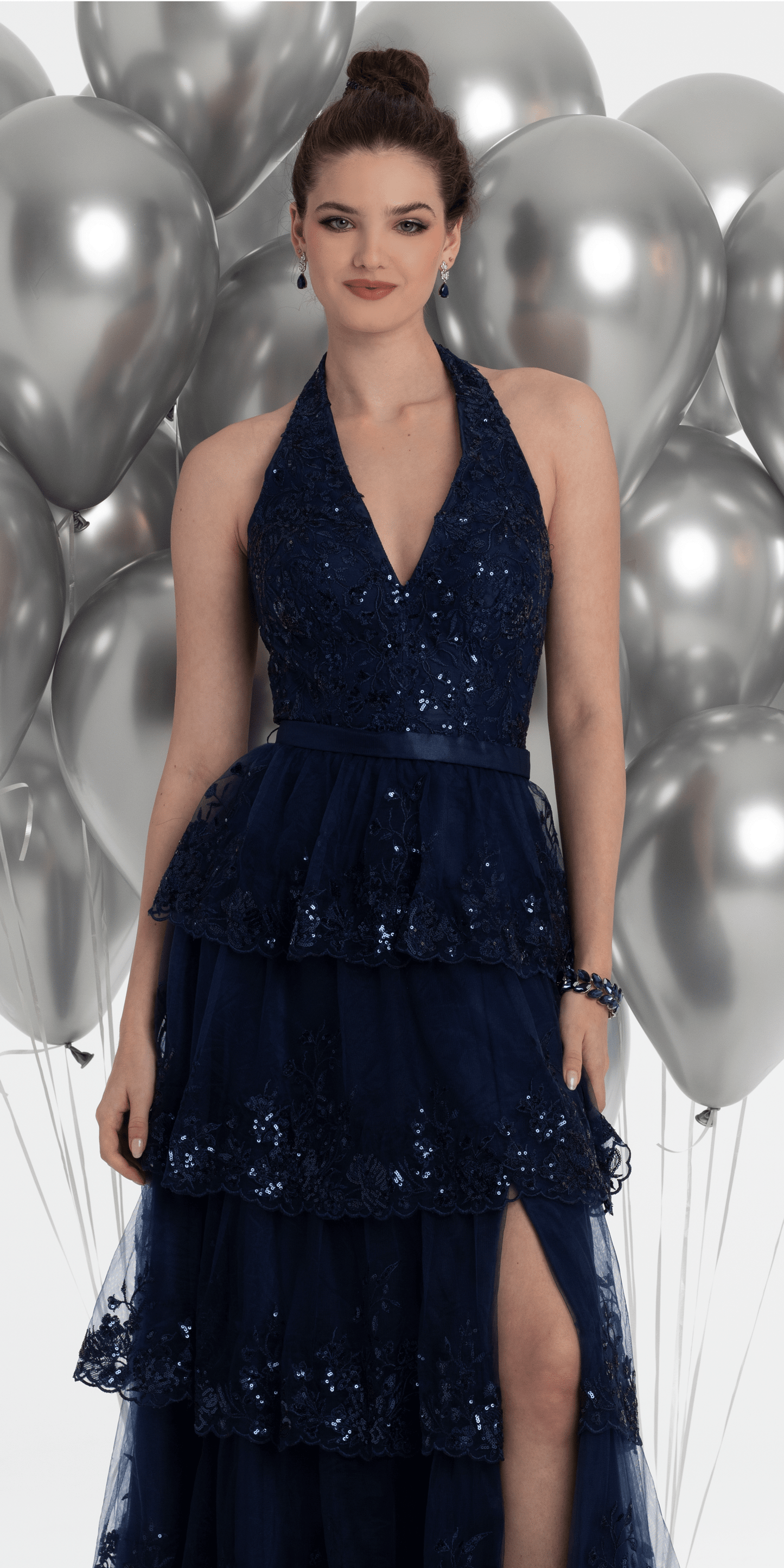 navy Size 0 missy Camille La Vie Mesh Embroidered Tiered Halter A Line Dress