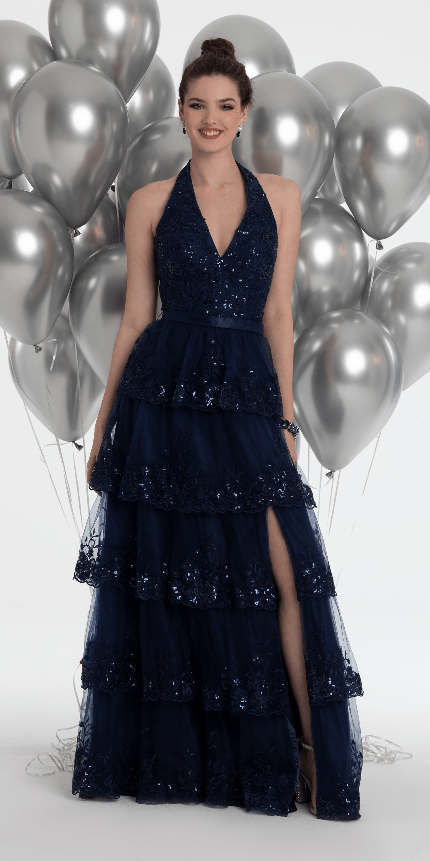 navy Size 0 missy Camille La Vie Mesh Embroidered Tiered Halter A Line Dress