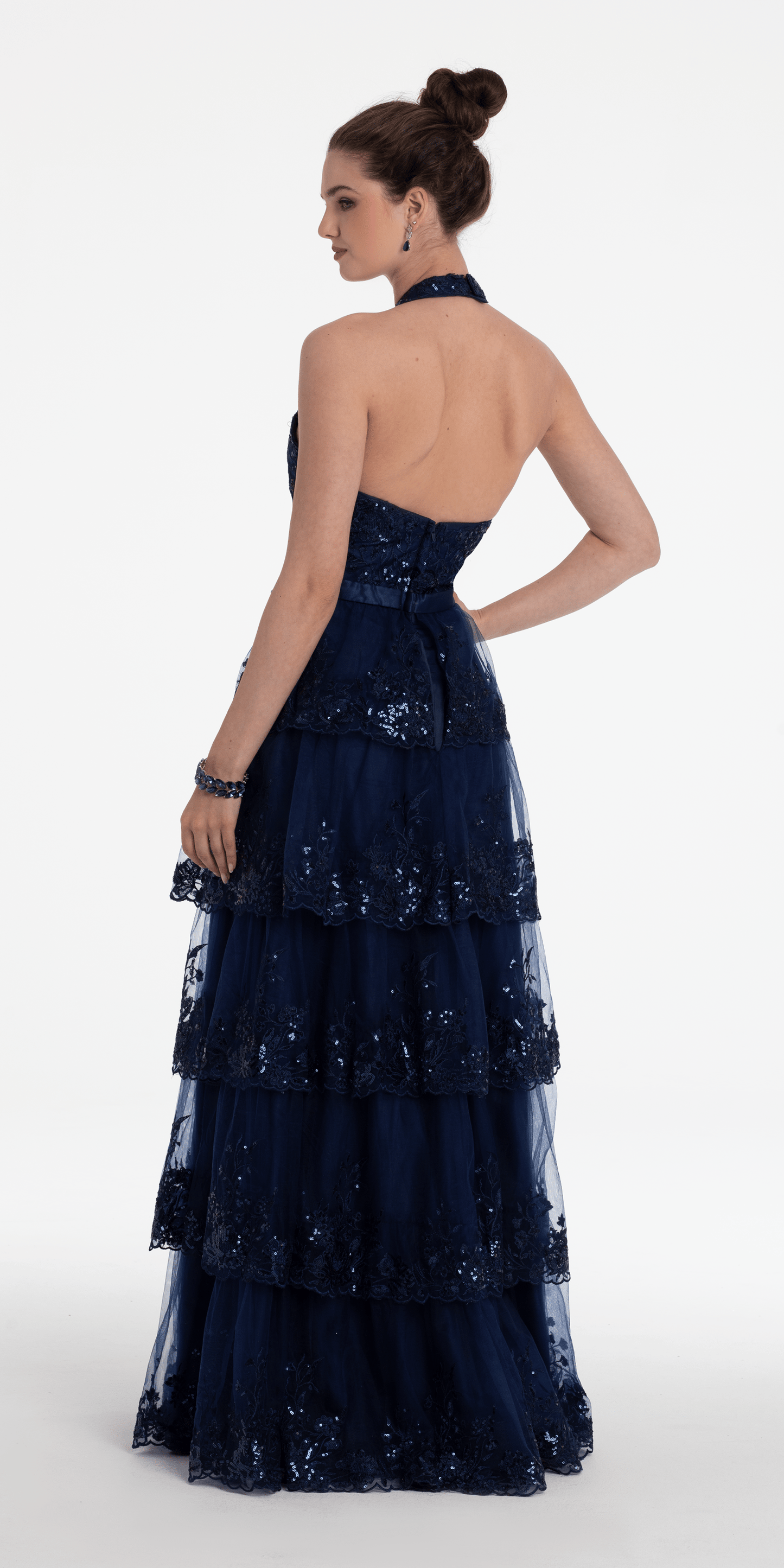 navy Size 6 missy Camille La Vie Mesh Embroidered Tiered Halter A Line Dress