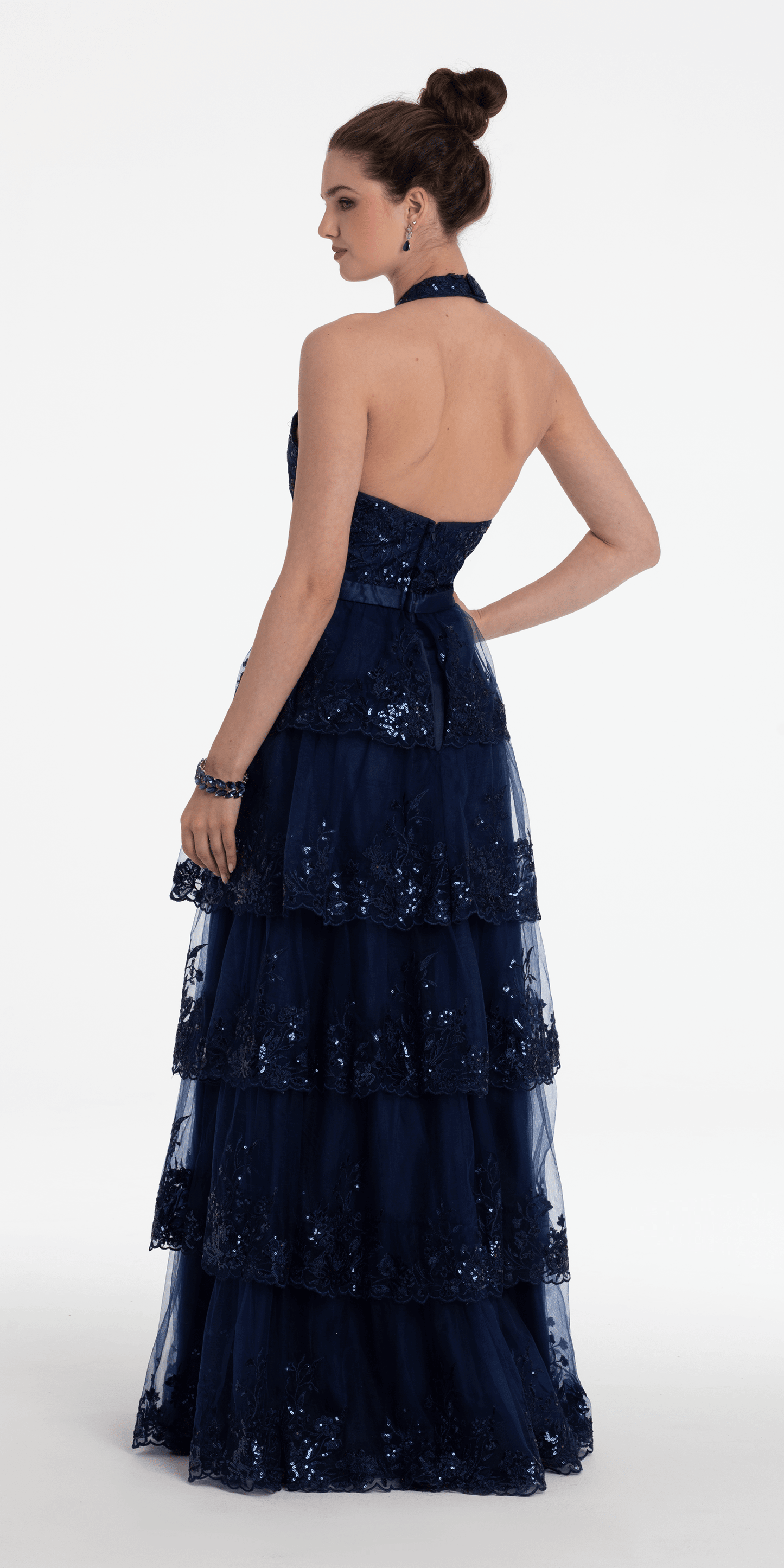 navy/size/4/missy/Camille La Vie/Mesh Embroidered Tiered Halter A Line Dress /back