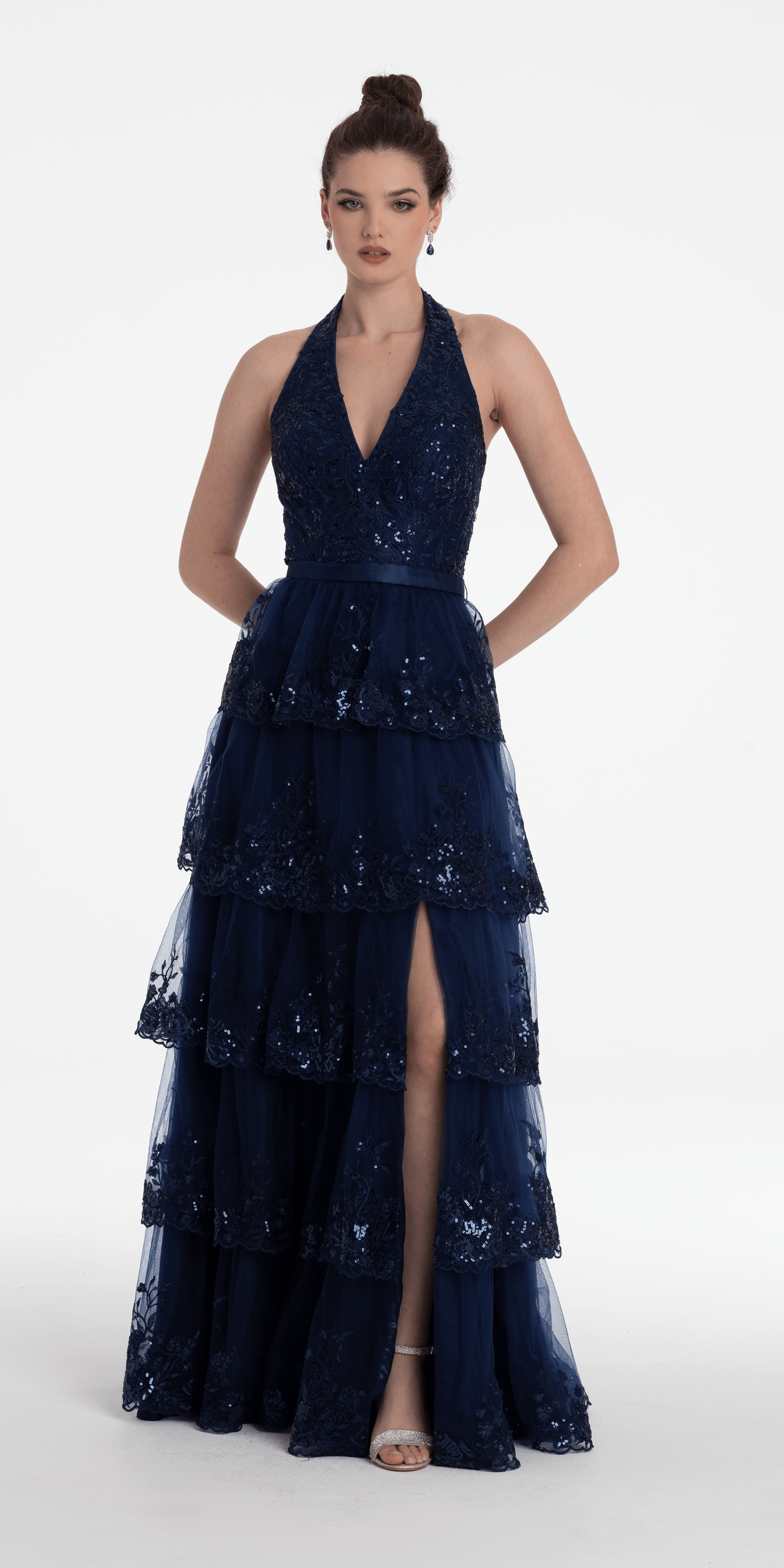 navy Size 4 missy Camille La Vie Mesh Embroidered Tiered Halter A Line Dress