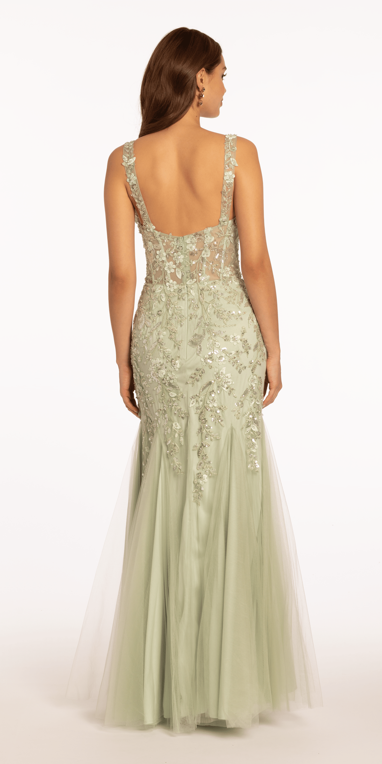 Camille La Vie /Sweetheart 3 D Floral Corset Mermaid Dress with Mesh Godets /missy/ size/ 6 /sage/back