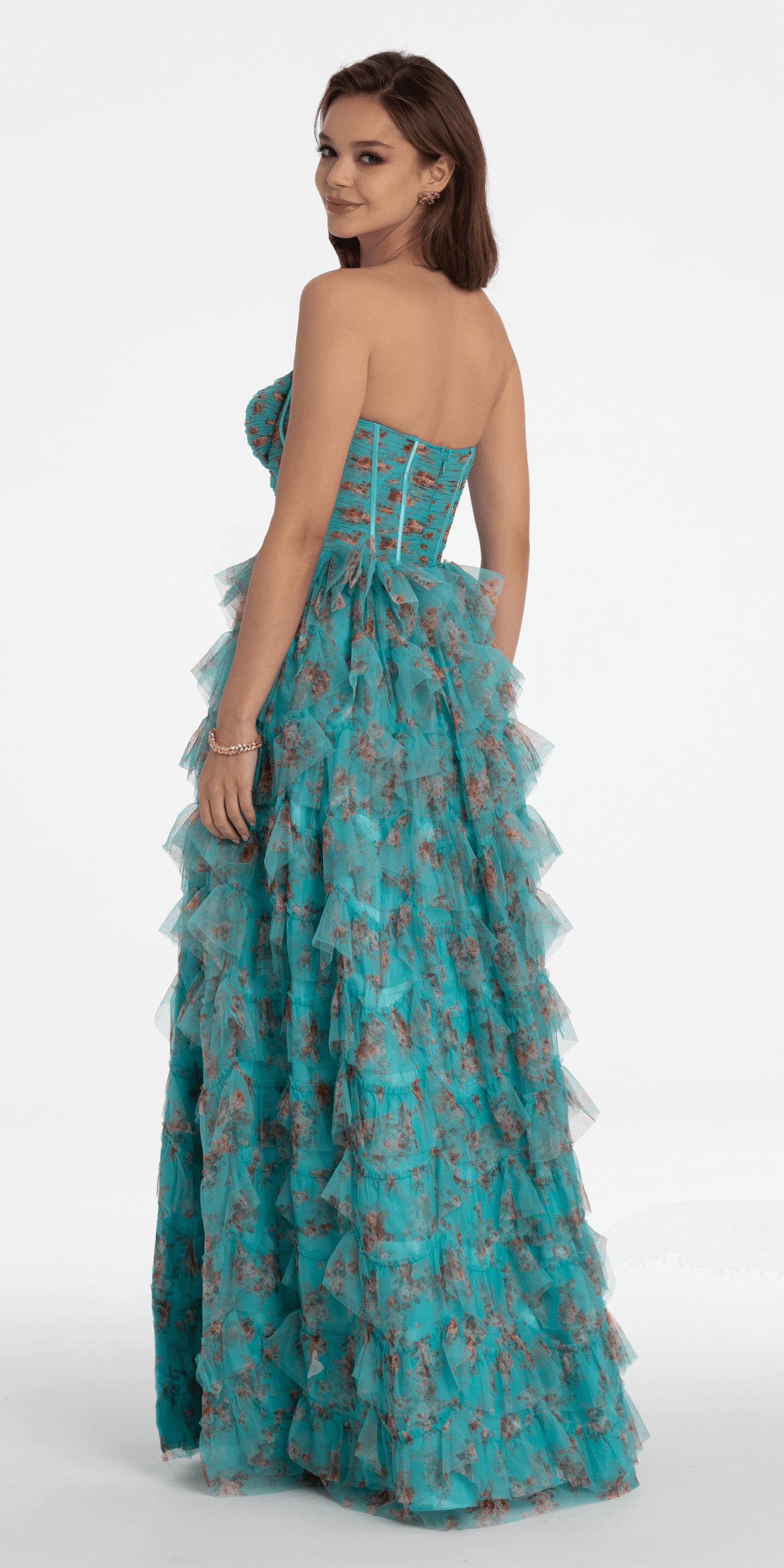 Camille La Vie/ Sweetheart Ruched Print Mesh Tiered A Line Dress/ missy /size /0 /sea green/ back