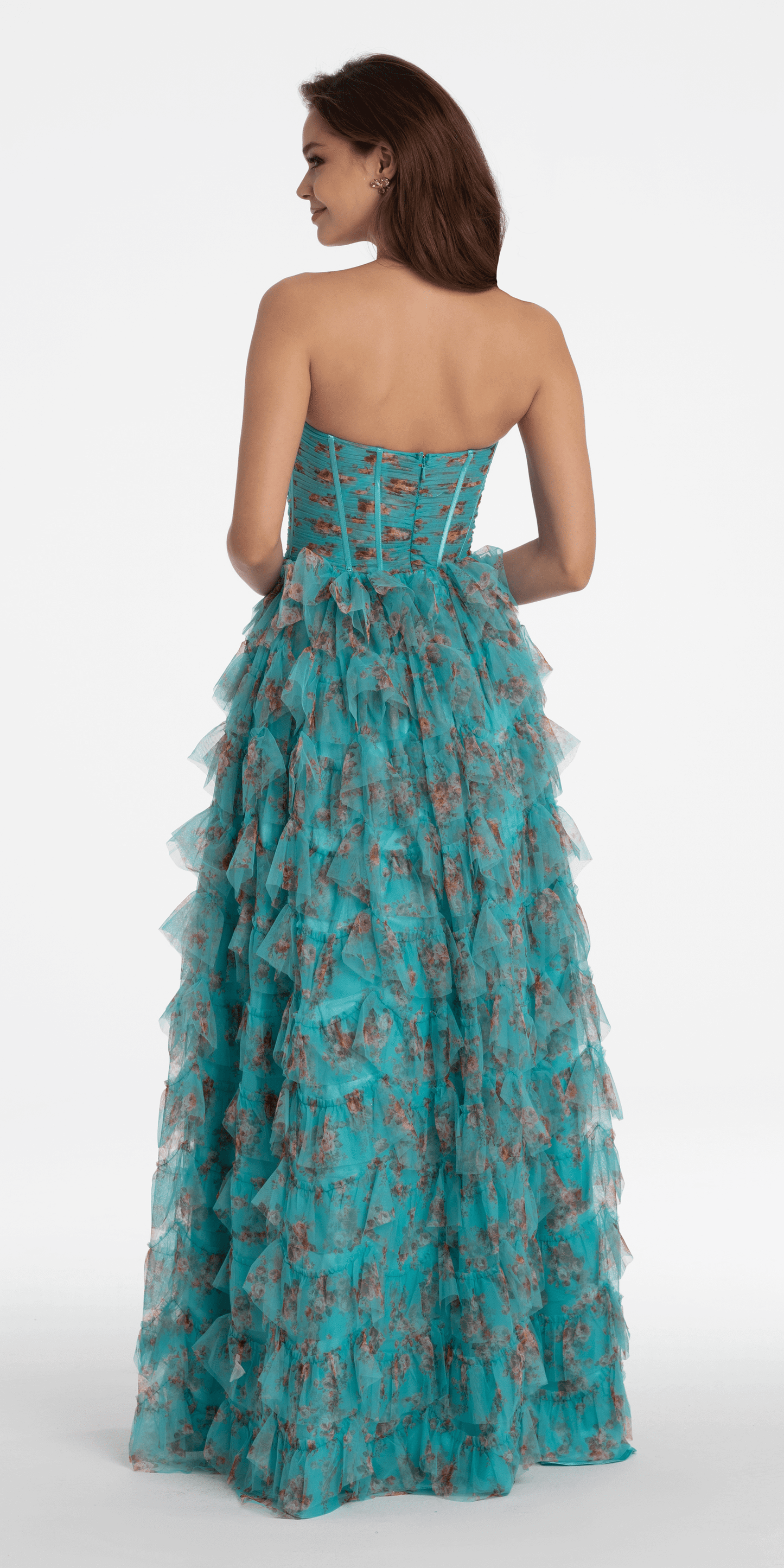Camille La Vie/ Sweetheart Ruched Print Mesh Tiered A Line Dress/ missy /size /0 /sea green/ back alt
